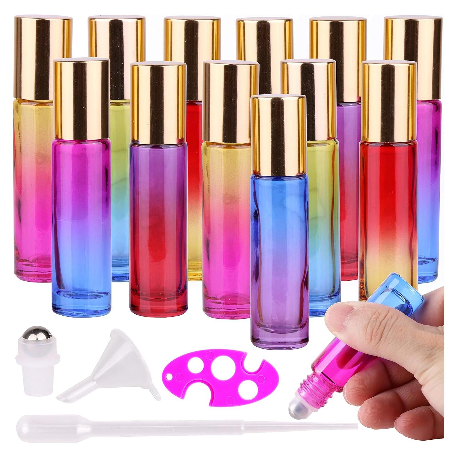 12 Botellas de Rodillo de Vidrio inice 10ml con Tapa Dorada