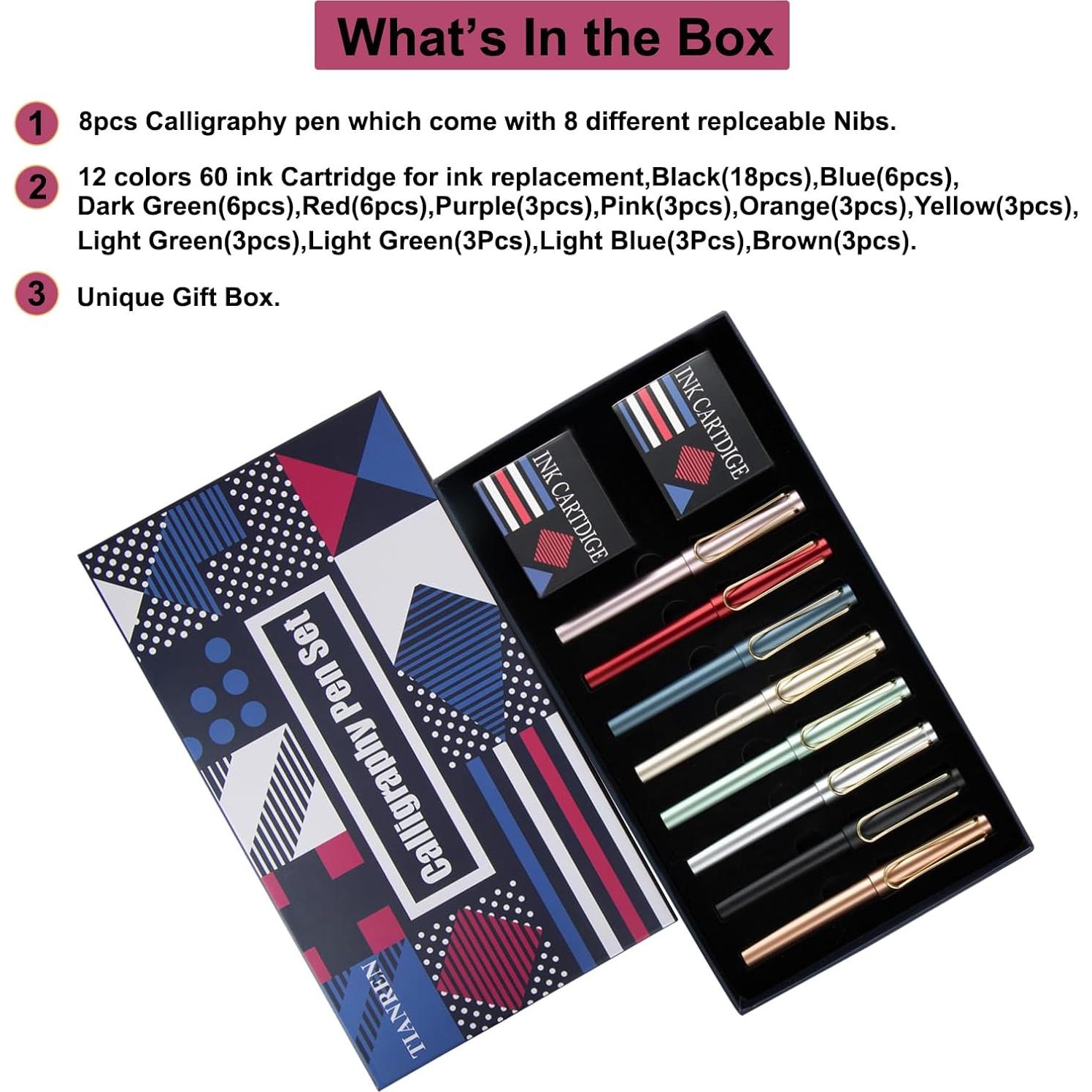 Juego de plumas de caligrafía TIANREN con 8 puntas y 60 cartuchos