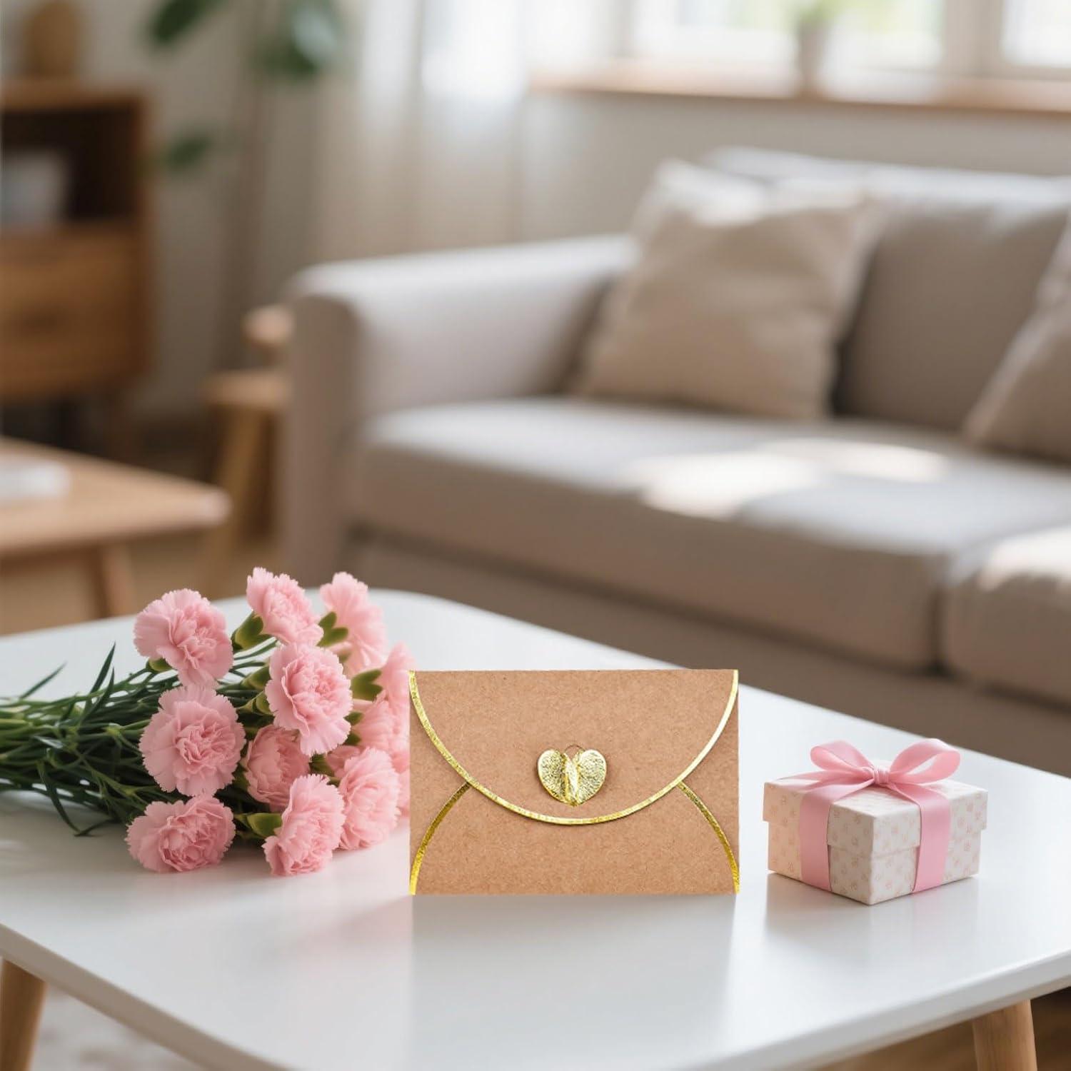 30 Mini Sobres Kraft con Cierre Corazón Dorado y Tarjetas