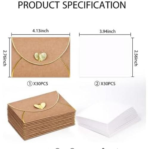 30 Mini Sobres Kraft con Cierre Corazón Dorado y Tarjetas