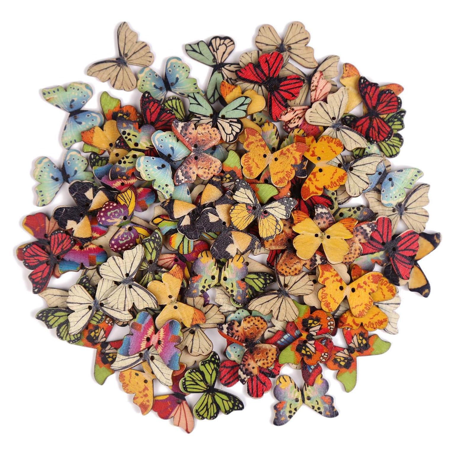 Botones de Madera FINGOOO Mariposa 100 Pcs 21x28mm Multicolor