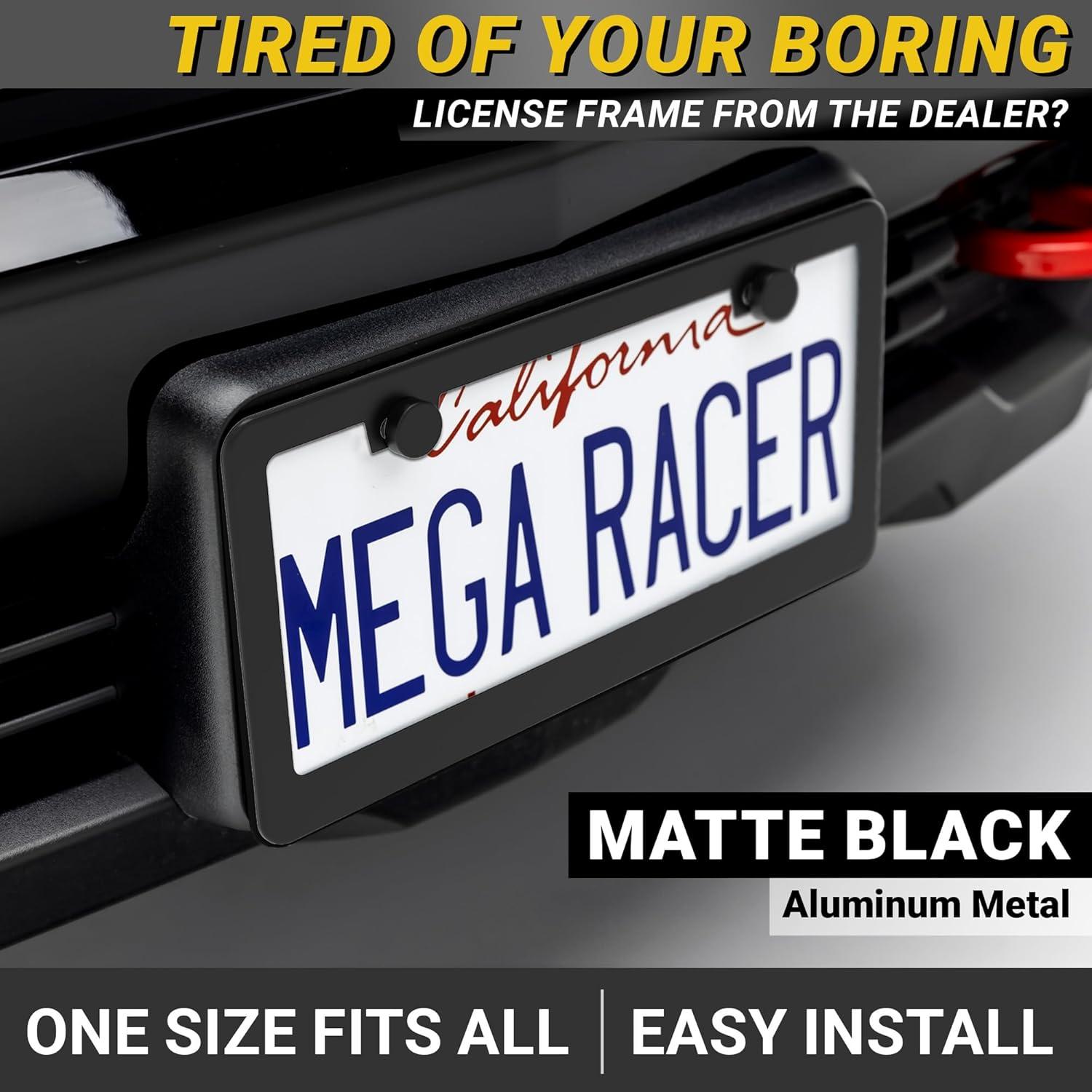 Marco de Placa de Licencia Negro Mate Mega Racer - 2 Piezas, Acero Inoxidable