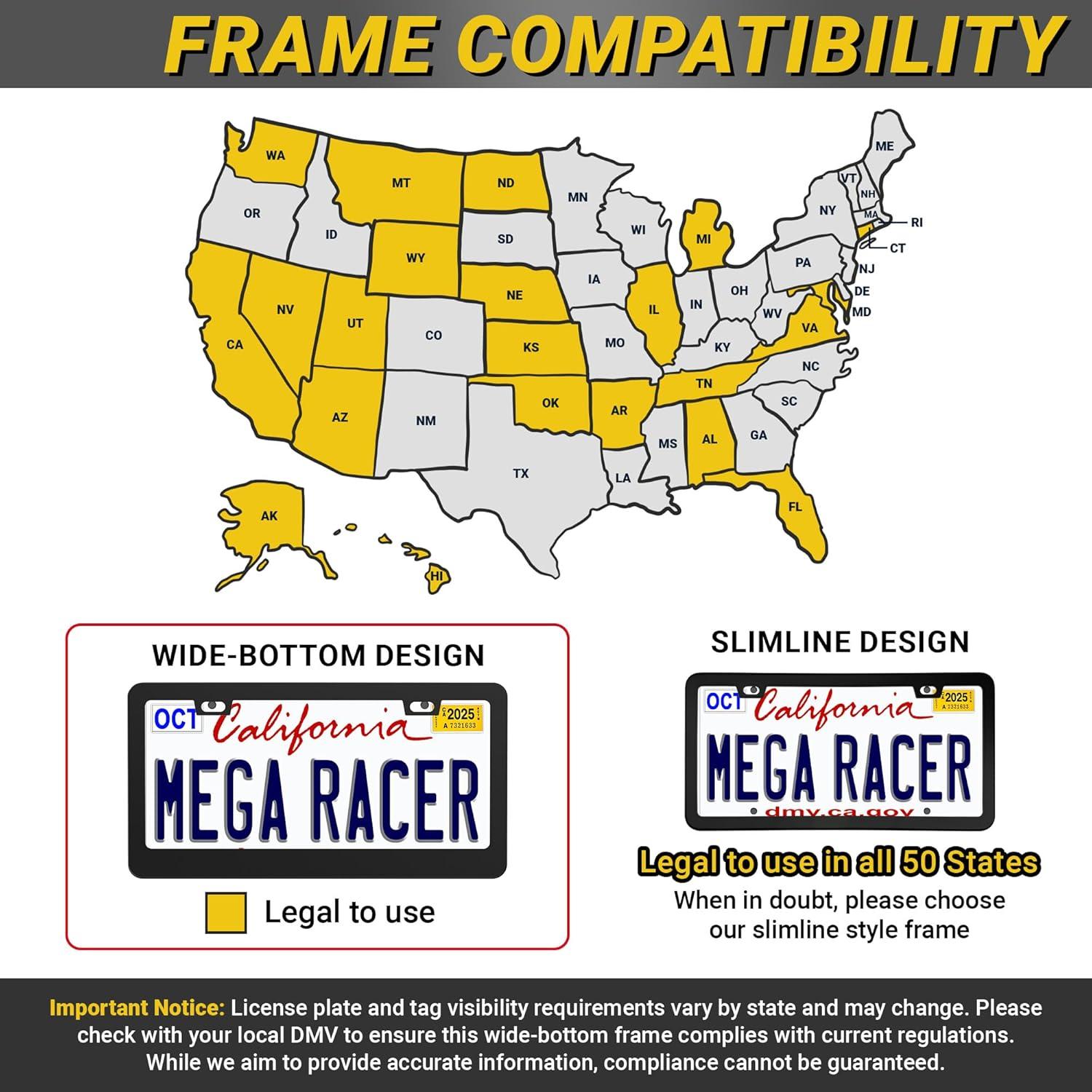 Marco de Placa de Licencia Negro Mate Mega Racer - 2 Piezas, Acero Inoxidable