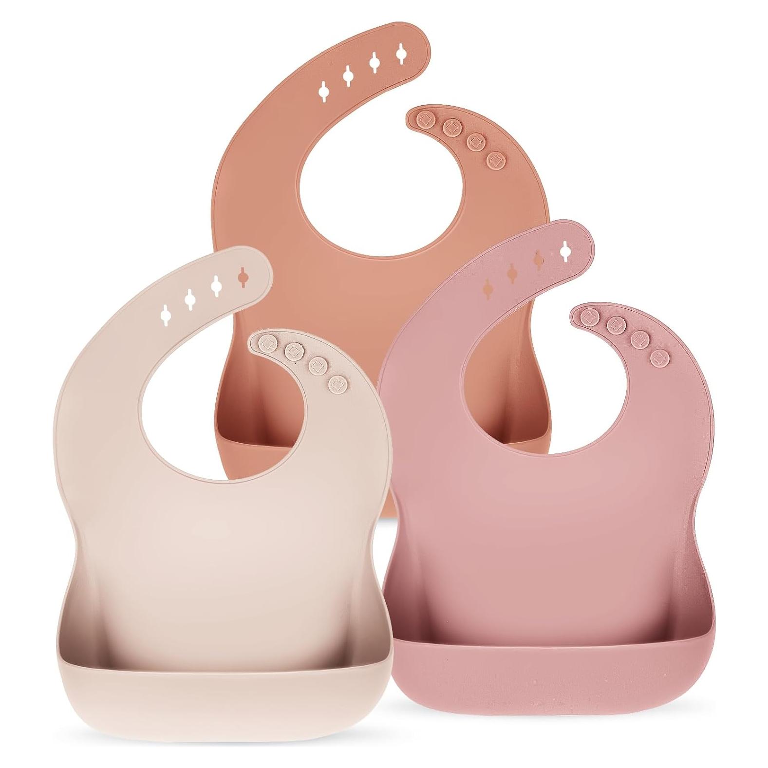 Baberos de Silicona para Bebés - Conjunto de 3 Rosa, Ajustables y Libres de BPA