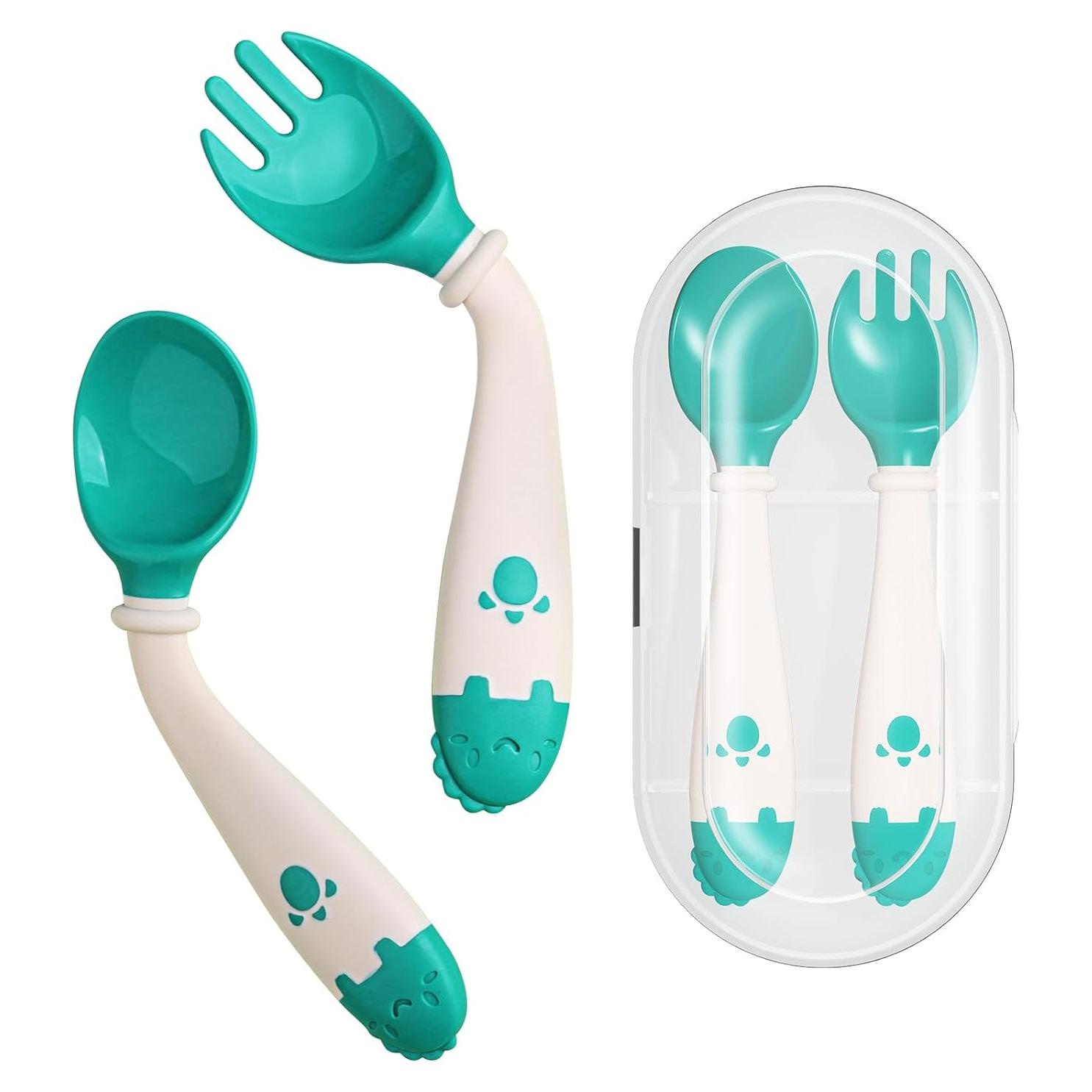 Set de Utensilios para Niños Deejoy con Estuche Verde - Cuchara y Tenedor Ergonómicos