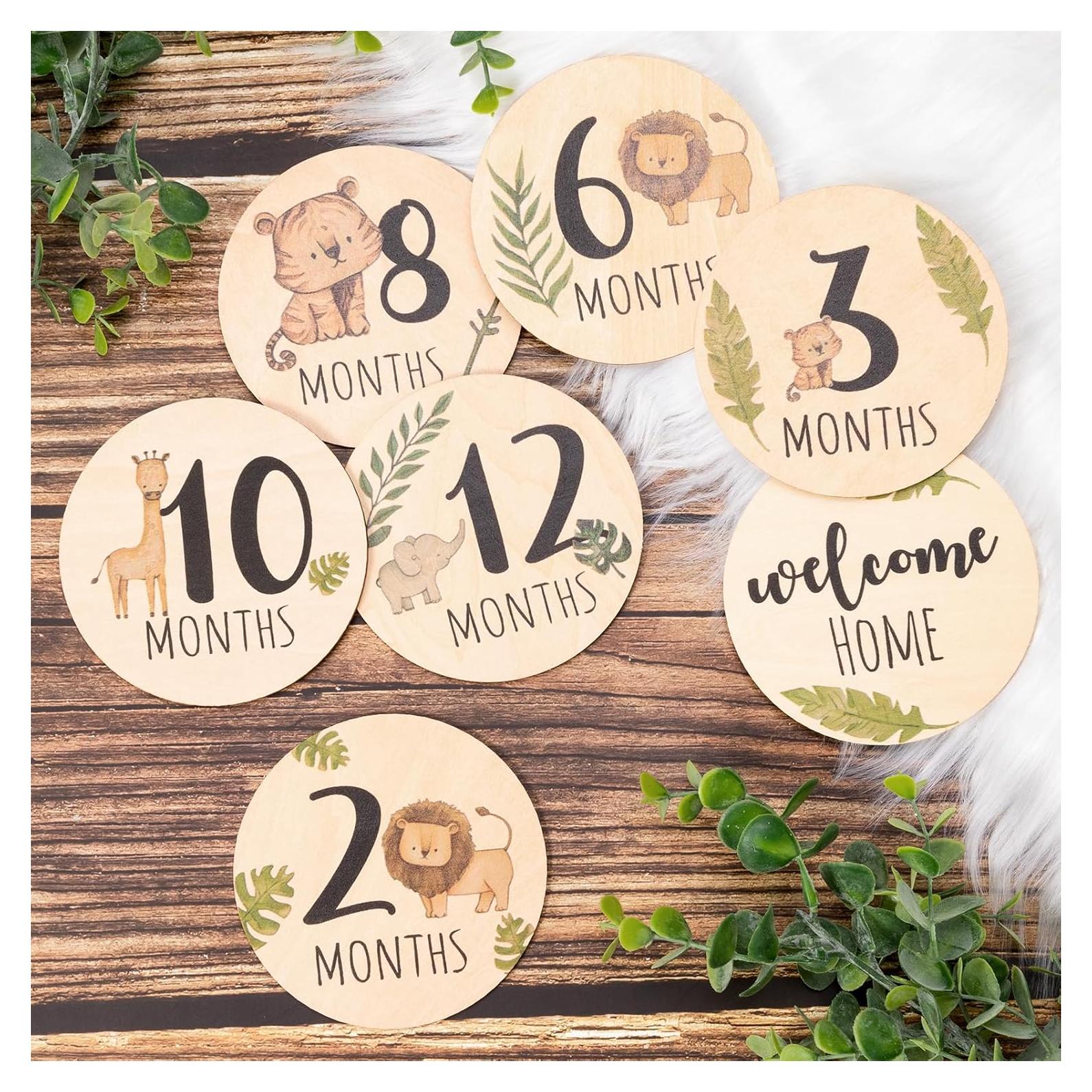 Tarjetas de Hitos Mensuales para Bebés - 7 Discos de Madera Animales