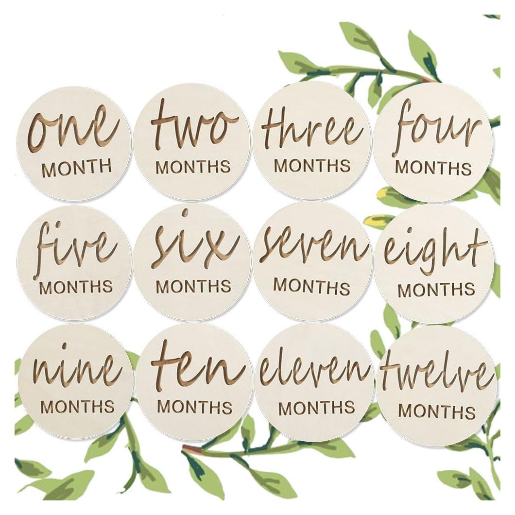Discos de Hitos Mensuales de Madera para Bebés - 12 Meses