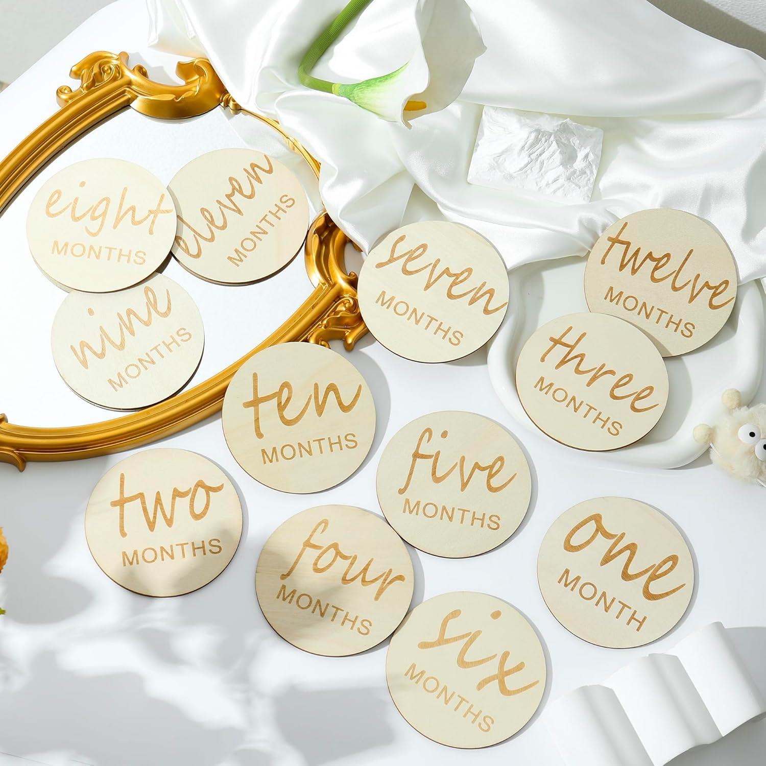 Discos de Hitos Mensuales de Madera para Bebés - 12 Meses