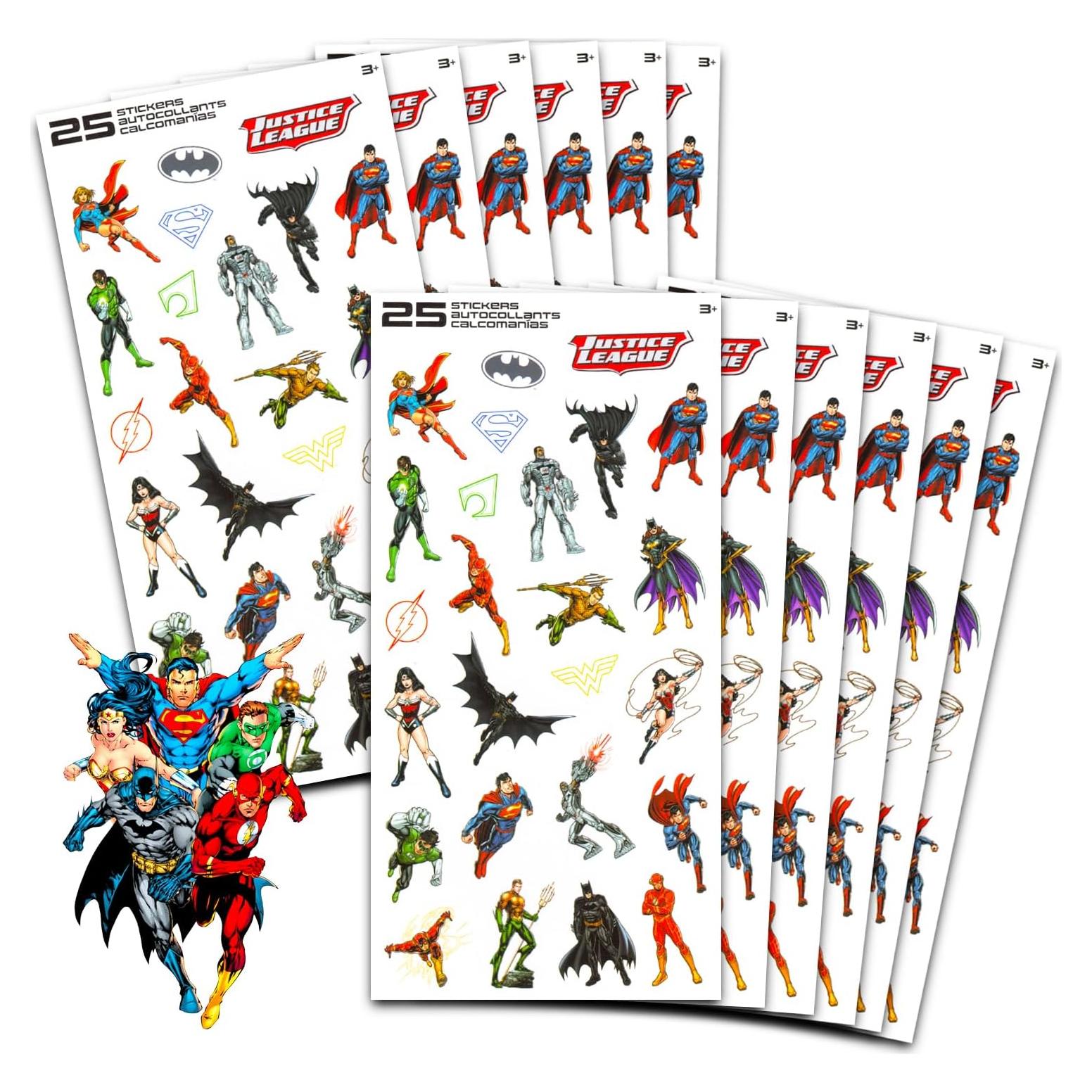 Calcomanías Liga de la Justicia 12 Hojas 300 Stickers Niños