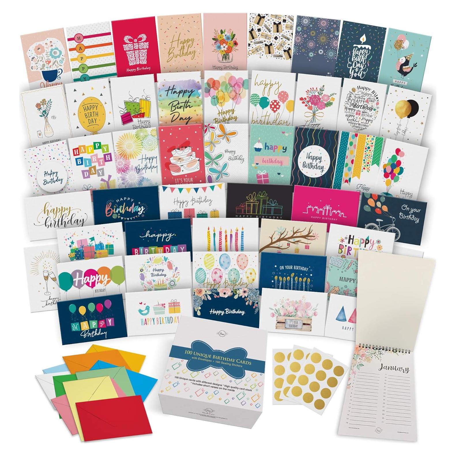 Dessie 100 Tarjetas de Cumpleaños Únicas con Sobres y Sellos