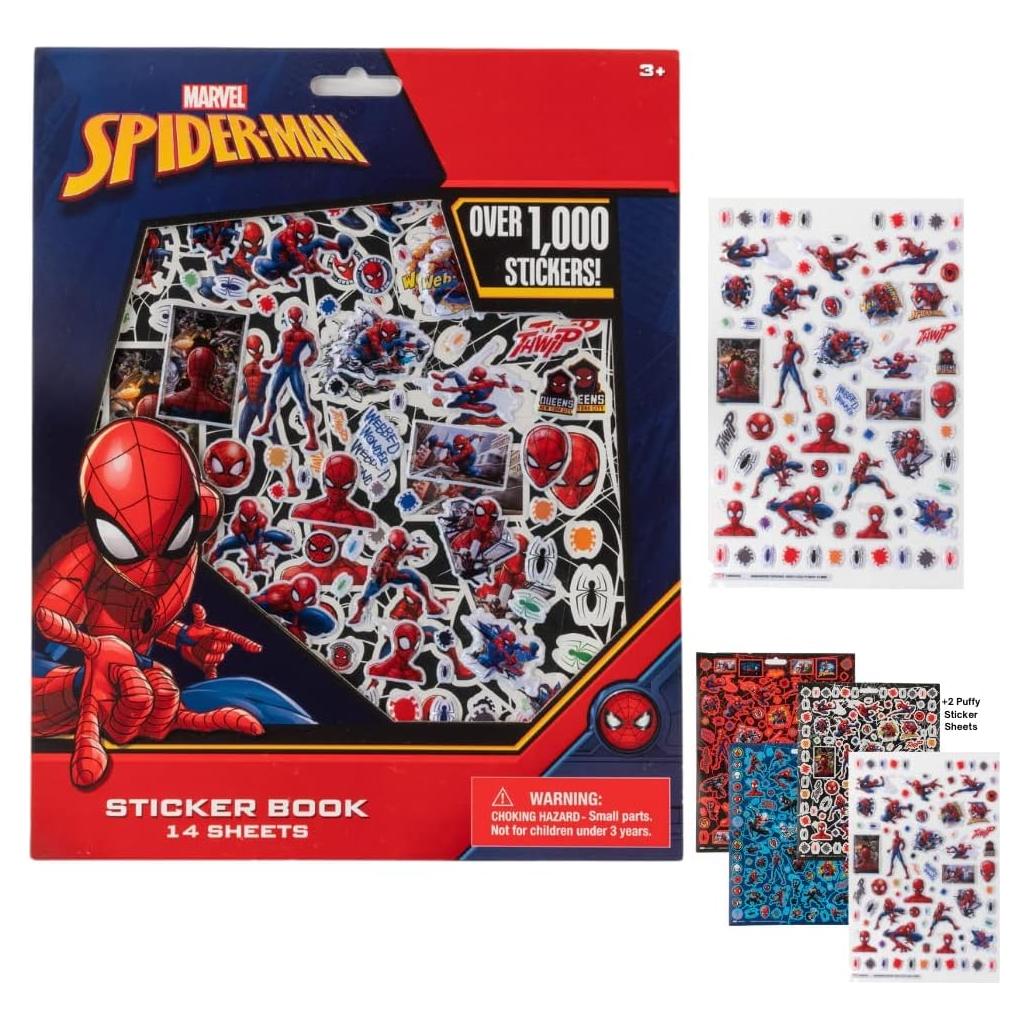 Stickers Spiderman Marvel 14 Hojas + 1200 Stickers Puffy