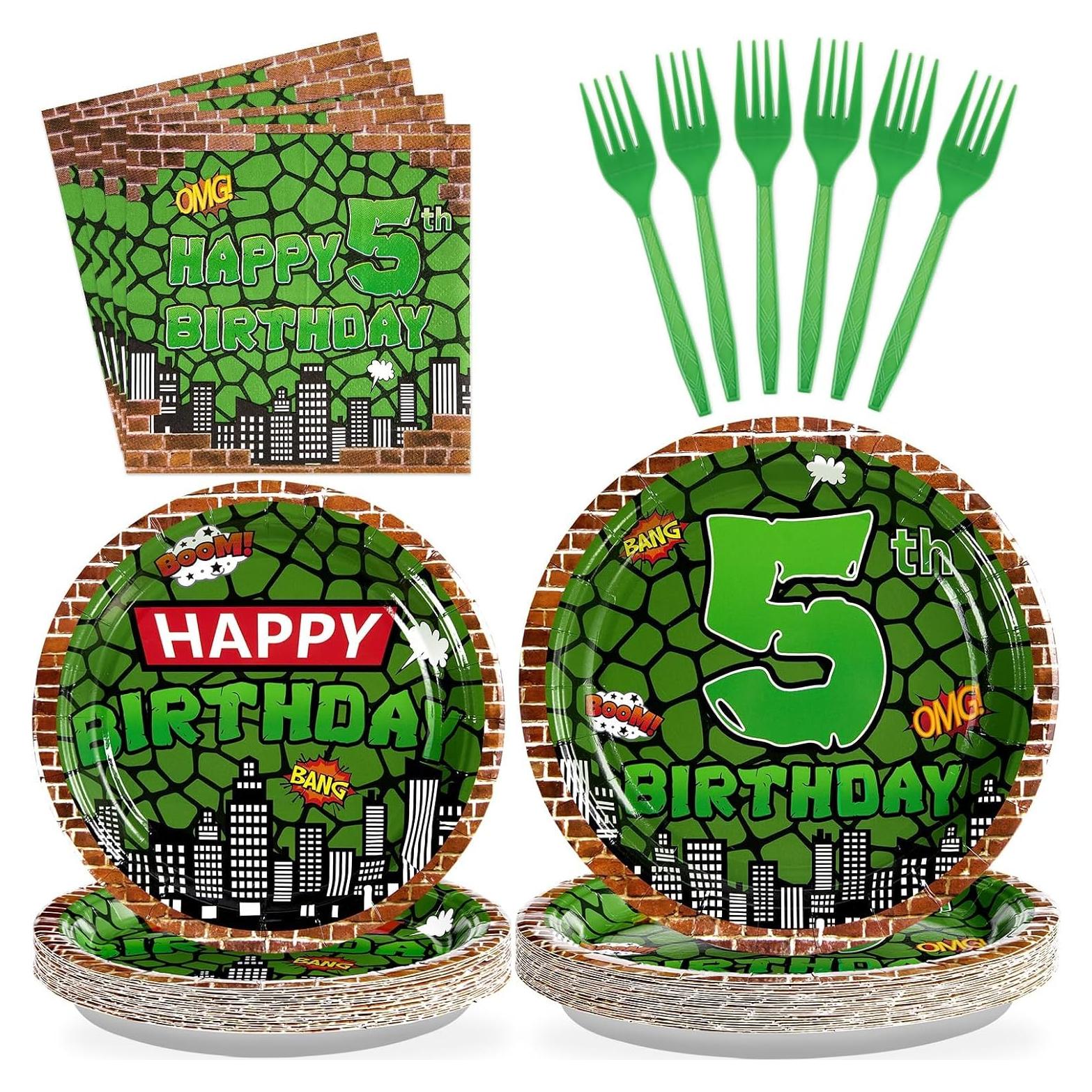Kit de Cumpleaños Tortuga Verde Grencian 96 Piezas 5to Cumpleaños