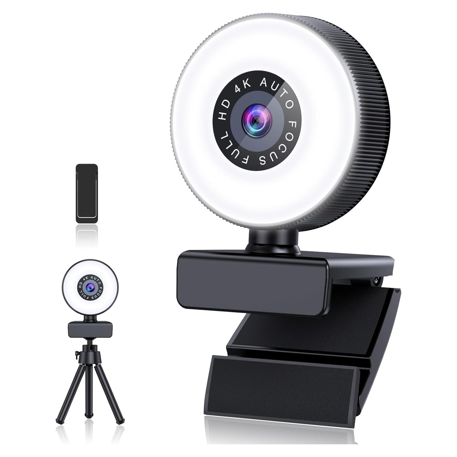 4K HD Autofocus Webcam with Microphone, Adjustable Light and Privacy Cover, Plug and Play USB for Laptop/Desktop Video Calling