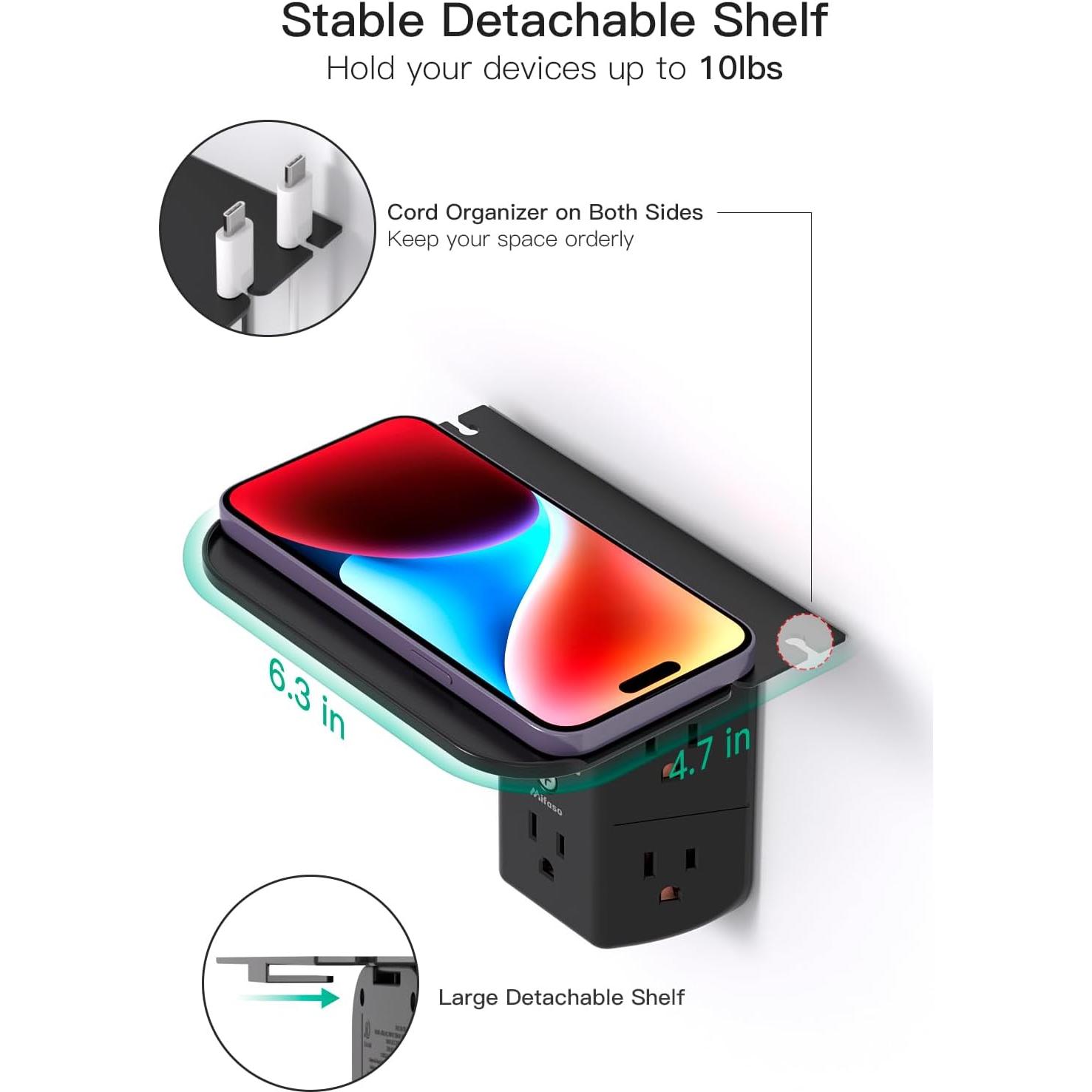 Extensor de Enchufe MIFASOPOWER con Estante y Luz Nocturna