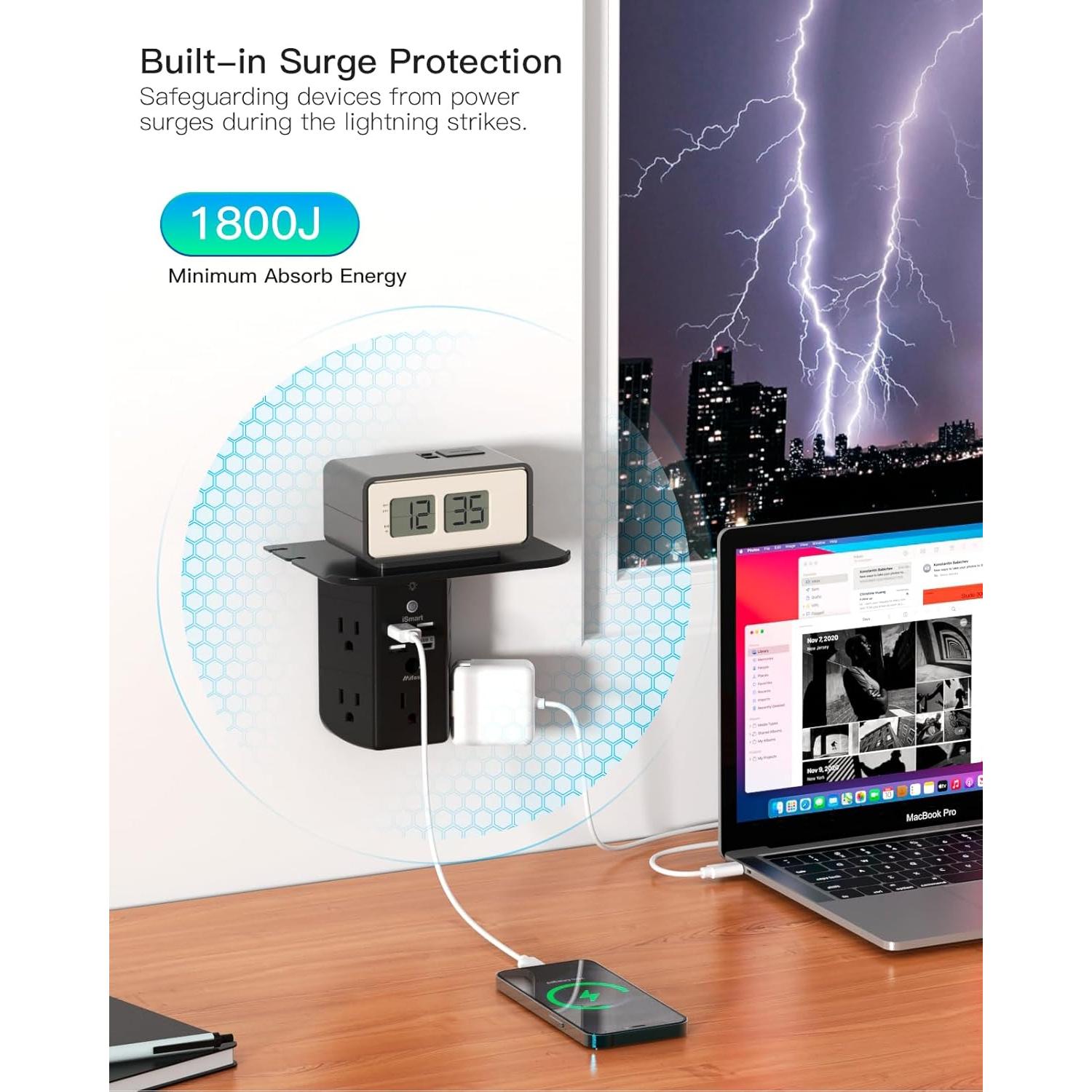 Extensor de Enchufe MIFASOPOWER con Estante y Luz Nocturna