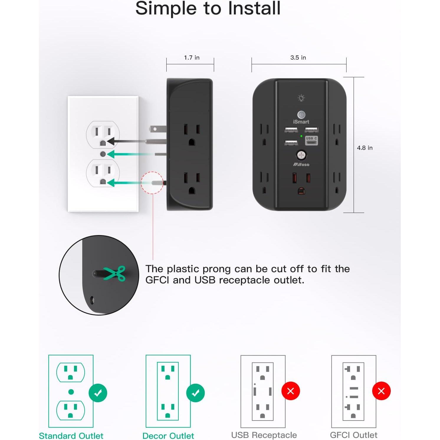 Extensor de Enchufe MIFASOPOWER con Estante y Luz Nocturna