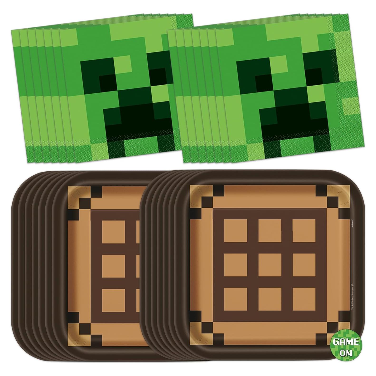 Decoraciones de Cumpleaños Minecraft Unique - Platos y Servilletas para 16 Invitados