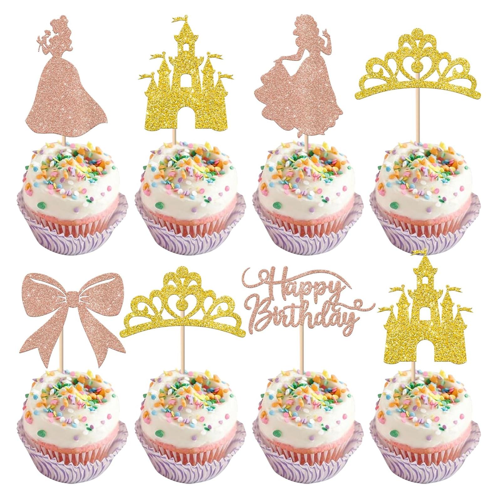 Toppers de Cupcake Princesa Rsstarxi 24 Piezas Rosa Dorado