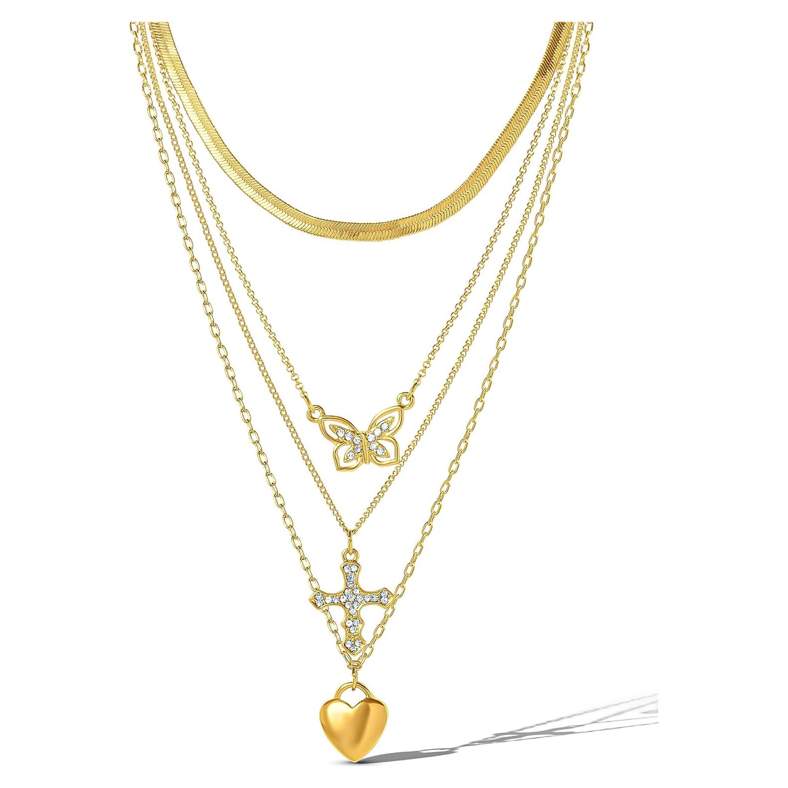 Collar en capas dorado Jessica Simpson con mariposa y cruz 35.56-50.8 cm