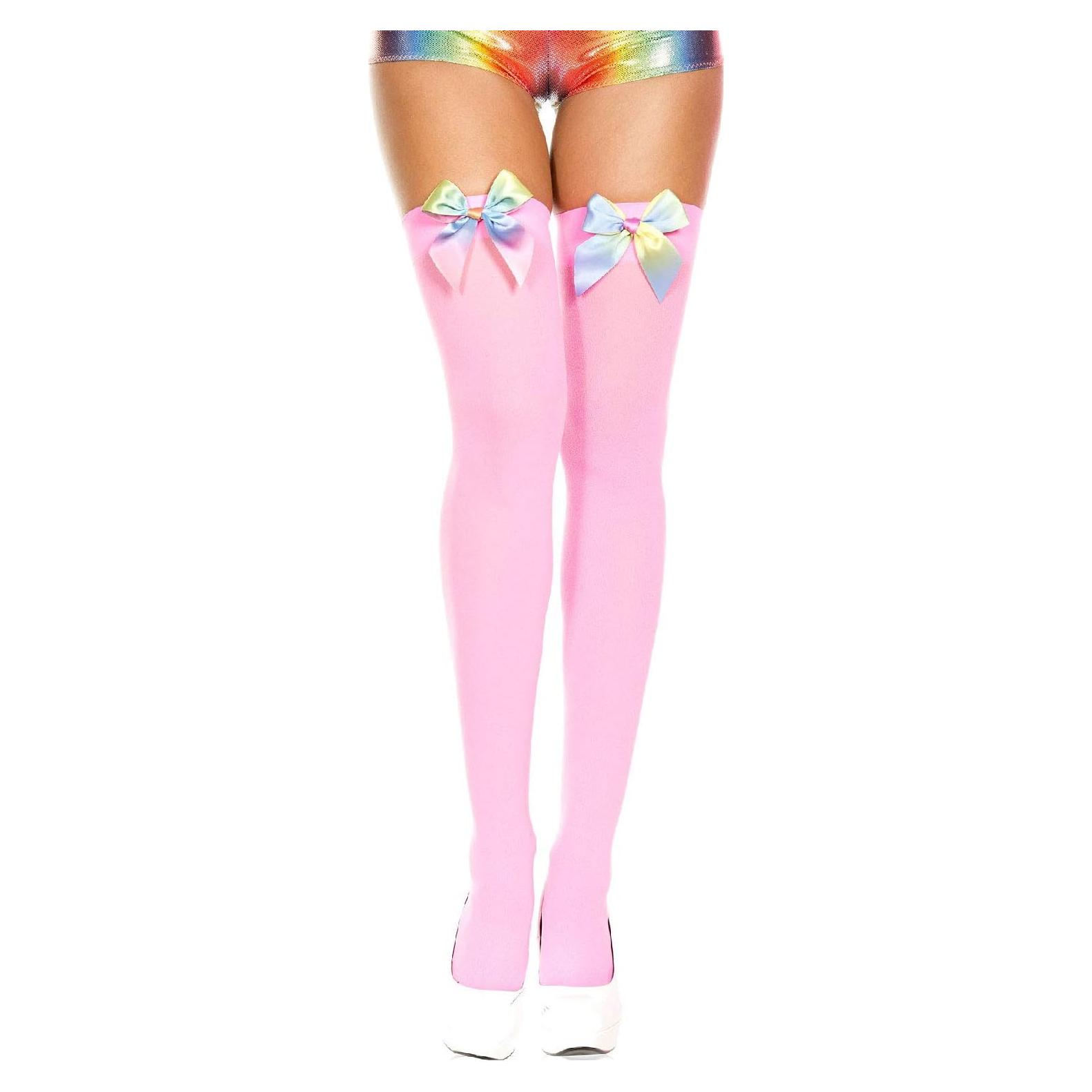 Medias Opacas Hasta el Muslo Rosa Neón con Lazos Arcoíris