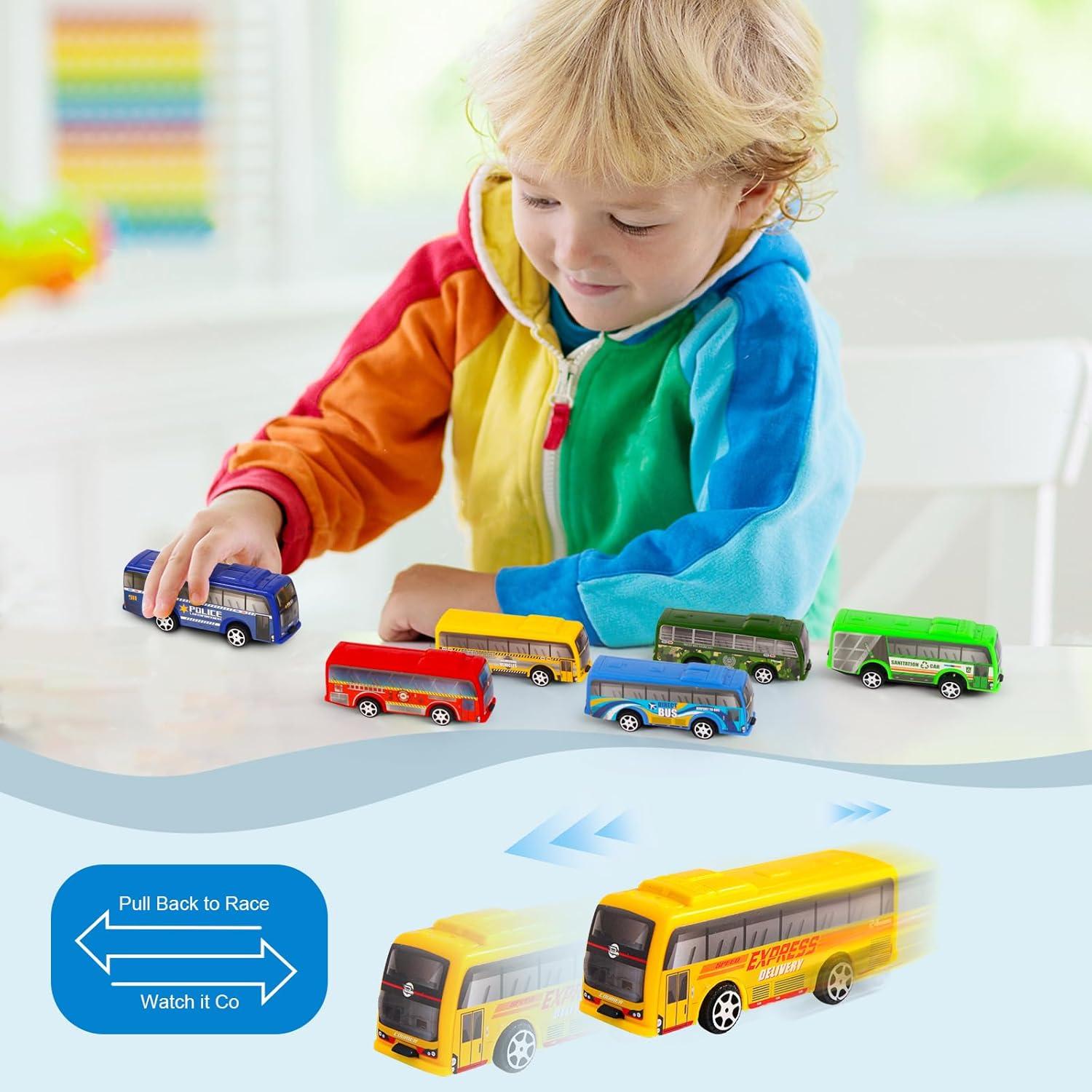 Set de 16 Juguetes de Vehículos Autobús de Ciudad a Retroceso