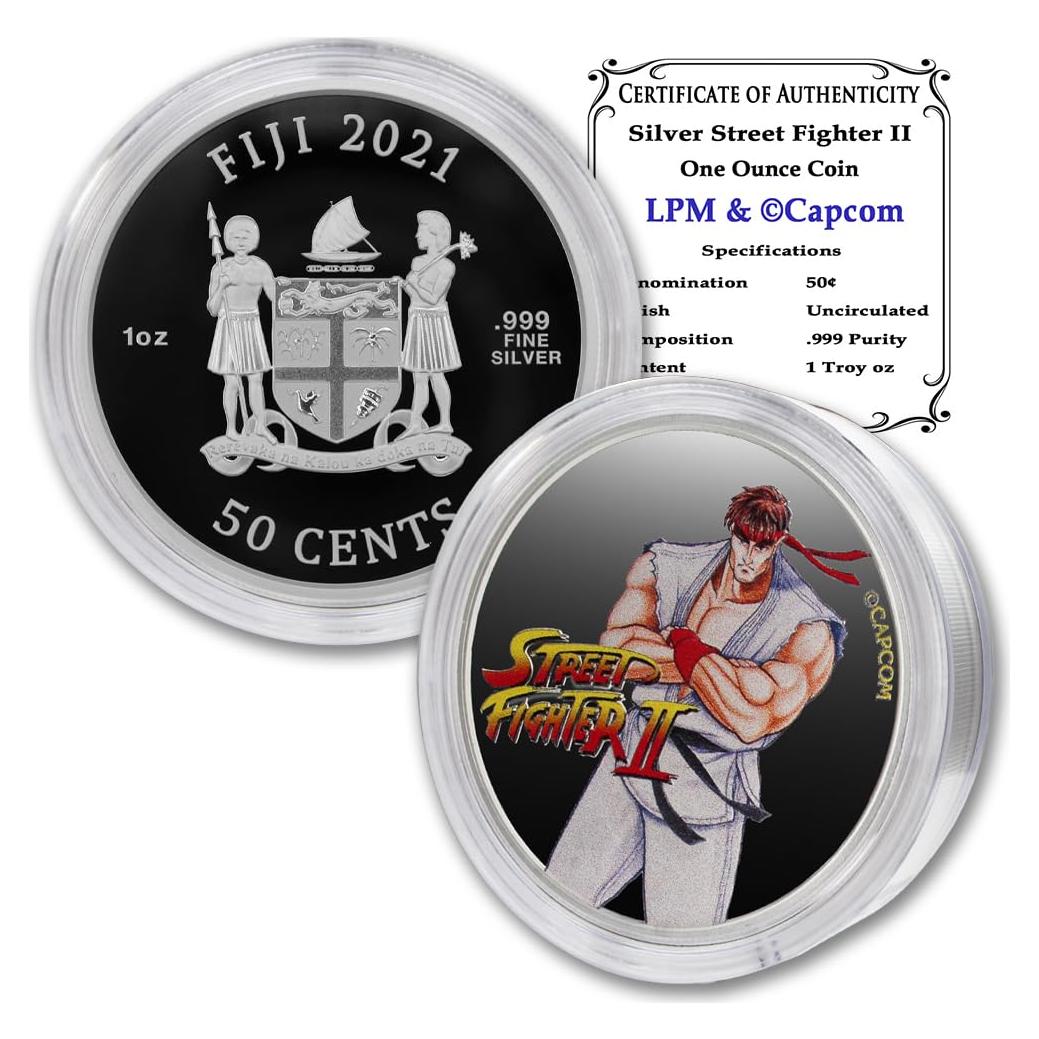 Moneda 1 oz Plata Fiyi Street Fighter II Ryu 30 Aniversario BU