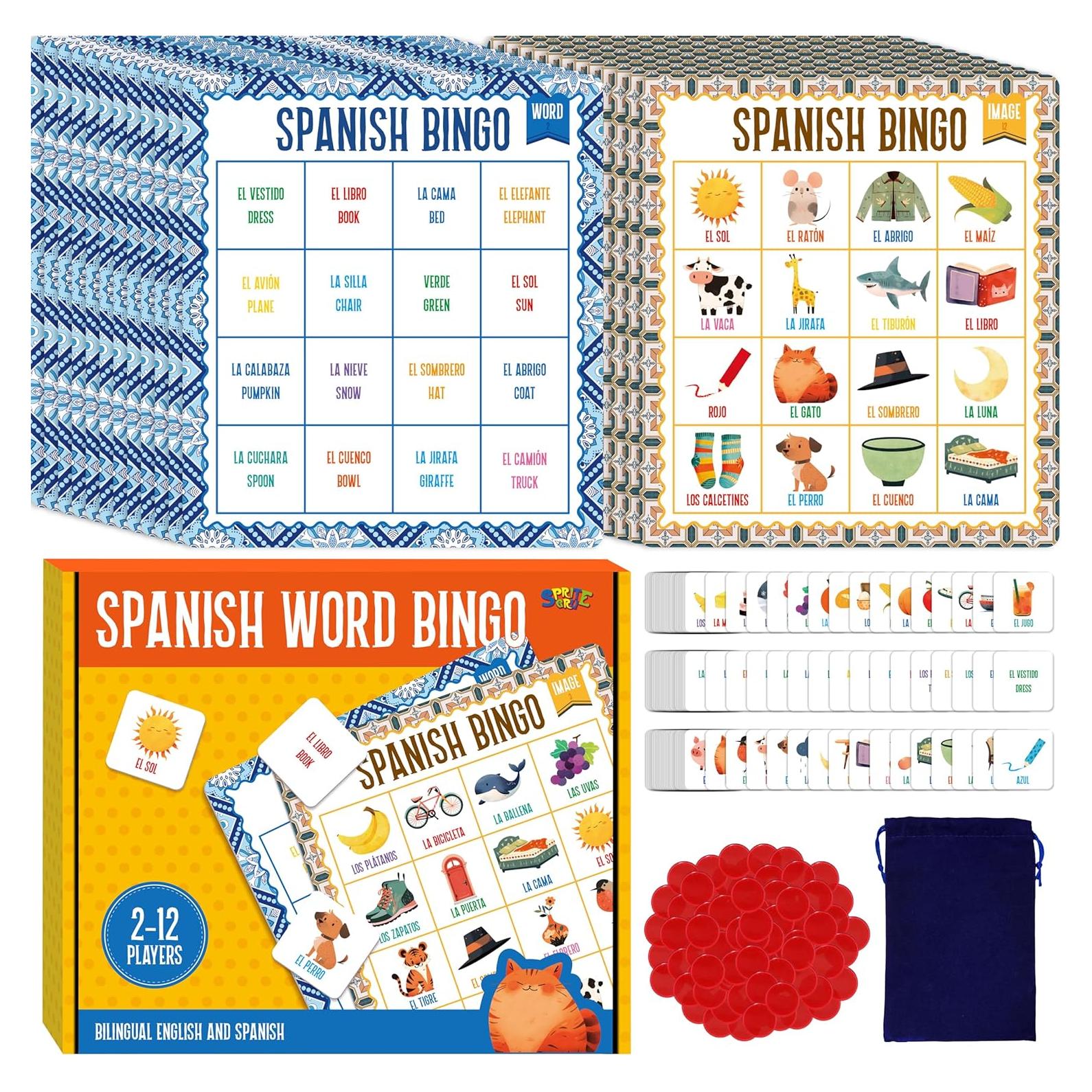 Juego de Bingo Bilingüe SpriteGru - 12 Tableros para 12 Jugadores