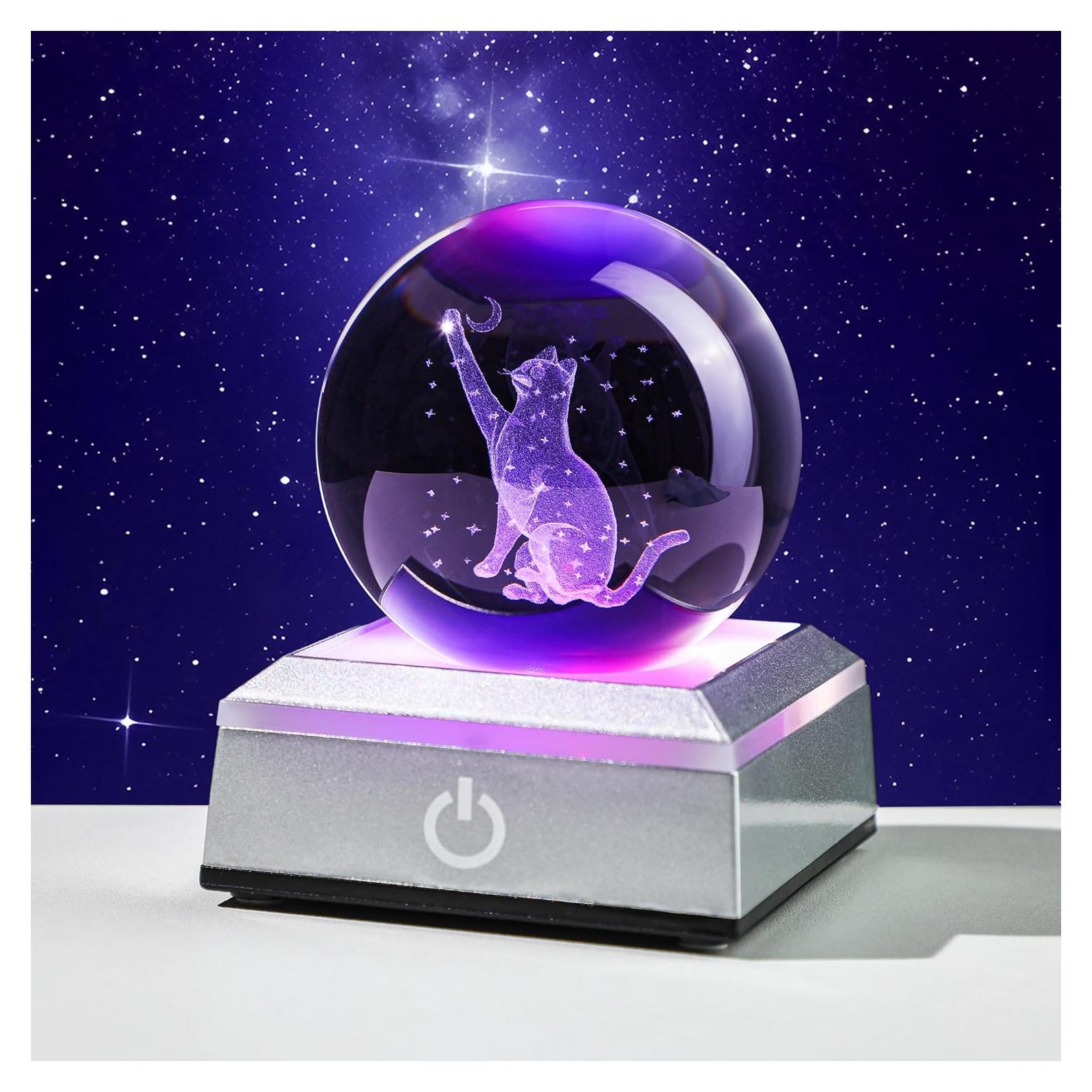Bola de Cristal 3D Gato YU FENG con Base LED Colorida 6 cm