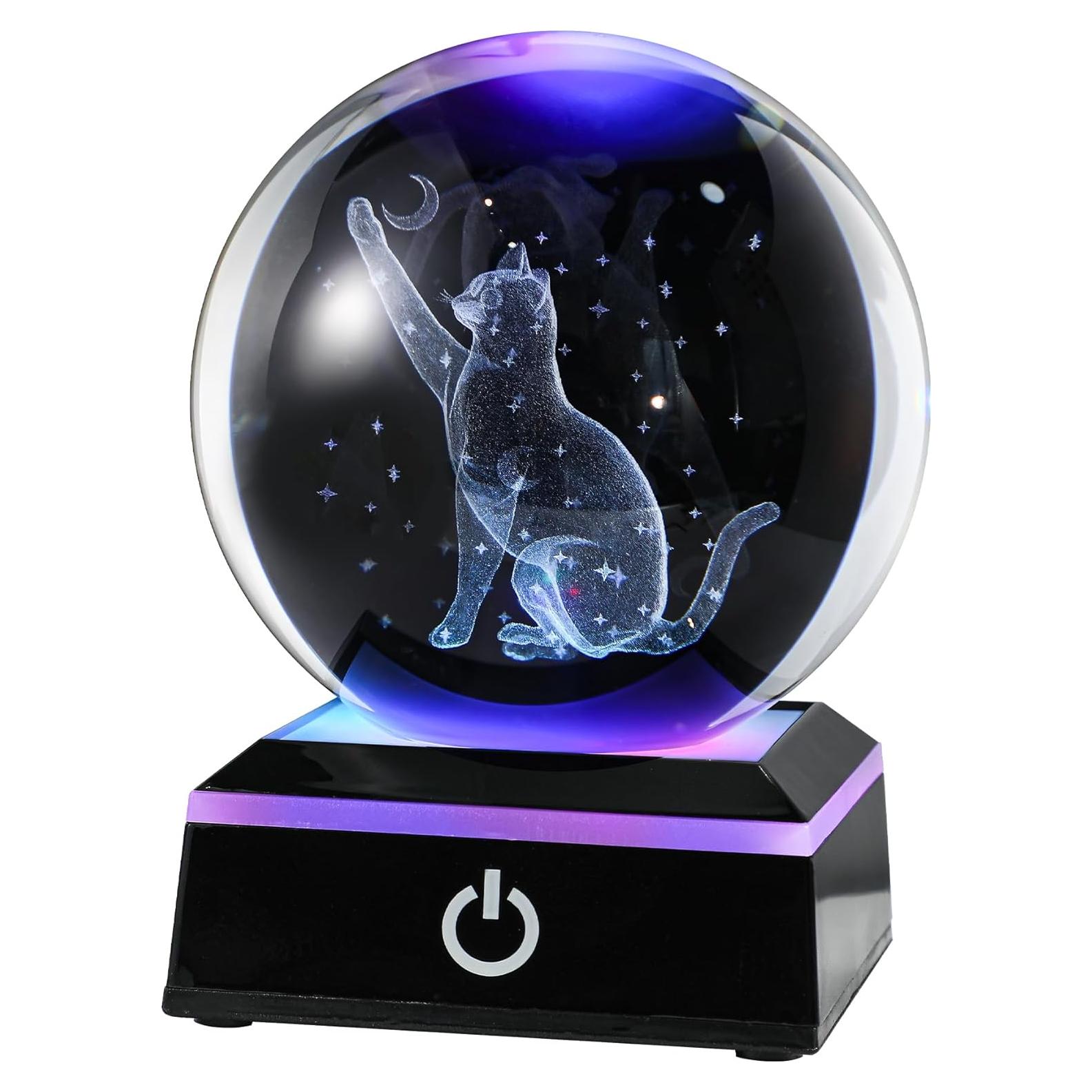 Bola de Cristal 3D Gato YU FENG 8 cm con Luz Colorida