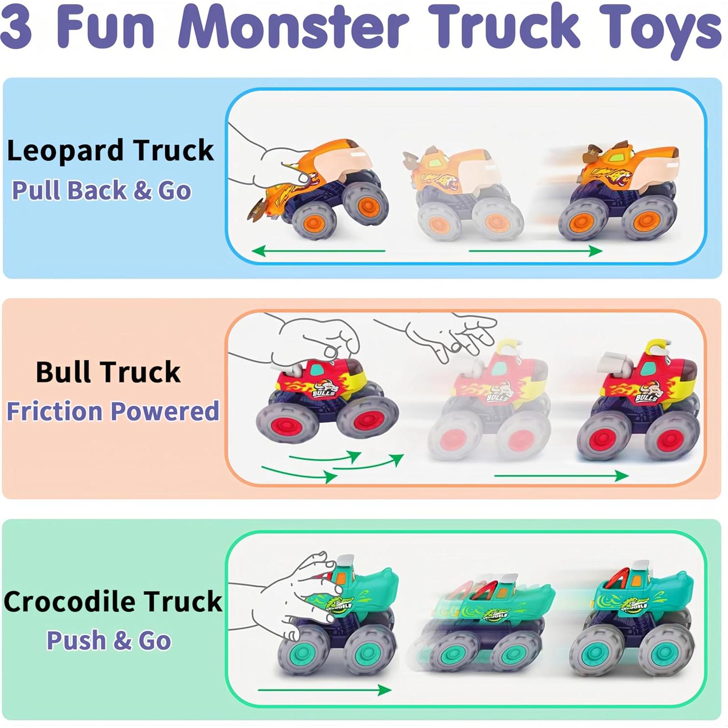 Coches de Juguete MOONTOY 3 Camiones Monstruo para Niños 1-3 Años