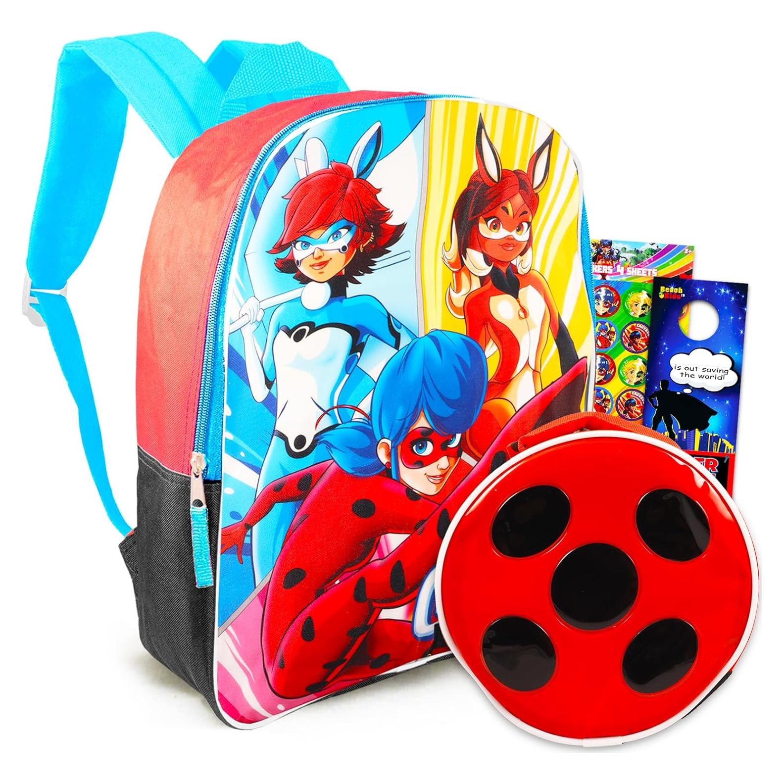 Mochila Miraculous Ladybug 15" + Bolsa Almuerzo + Stickers