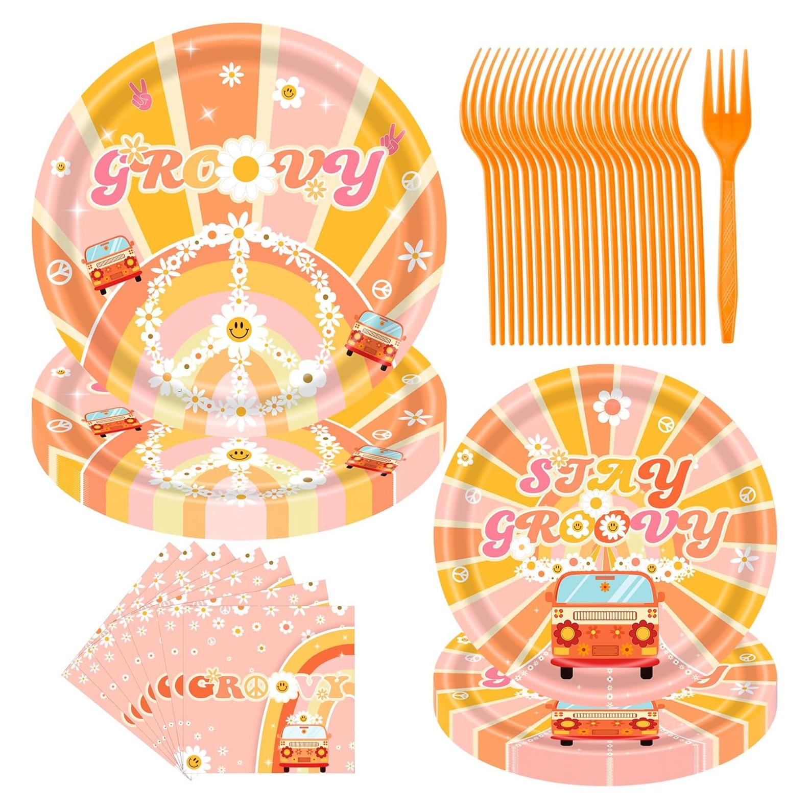 Set de Vajilla de Fiesta Groovy 96pcs - 24 Platos y Servilletas