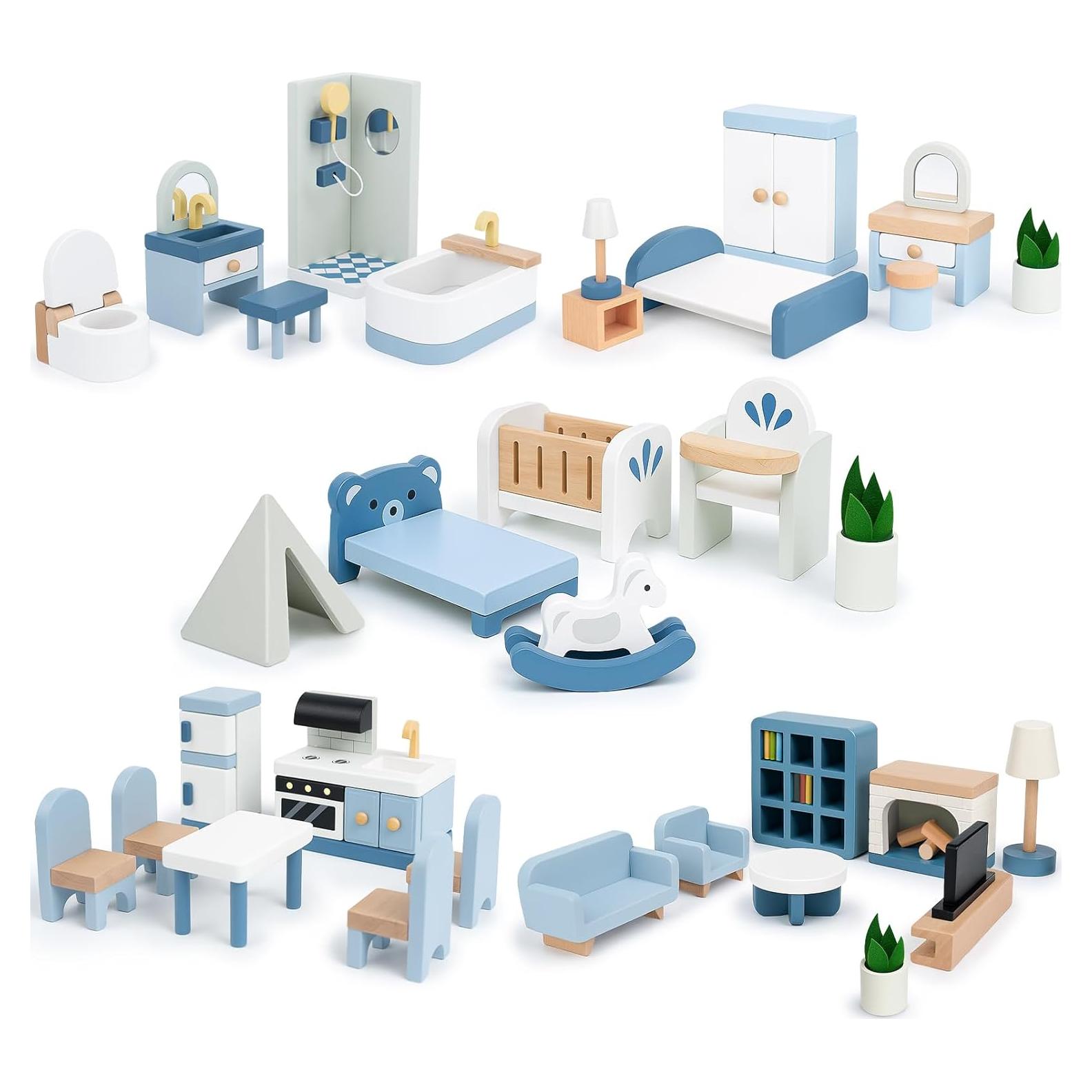 Juego de Muebles de Casa de Muñecas Sanlebi con 4 Muñecos