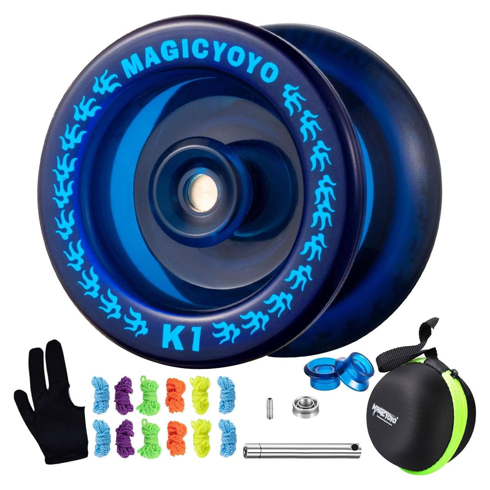 MAGICYOYO Responsive Yoyo K1 Tug Return Yo yo, Hubstacks Yo-yo for Kids Beginners Dual Purpose Yo Yo with Unresponsive Bearing, Storage Bag + 12 Yoyo Strings +Yo-Yo Glove +2 Yo yo Hubstacks (Blue)