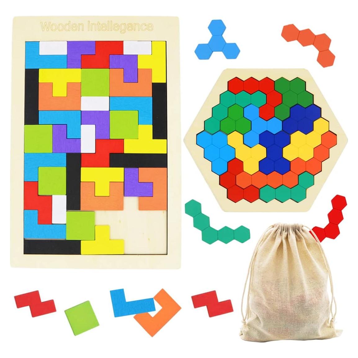 Rompecabezas de Madera Kiouposy - 2 en 1 Bloques Rusos y Hexagonales