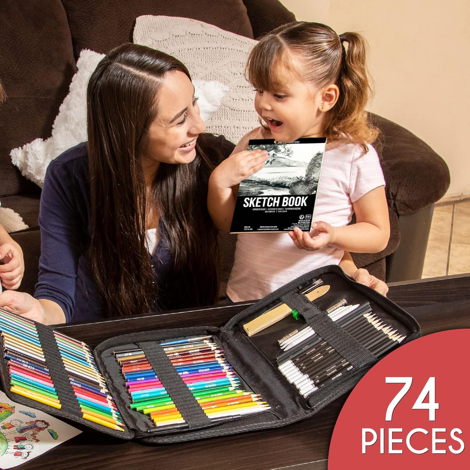 Kit de Dibujo Zenacolor 74 Piezas con Lápices y Cuaderno A5