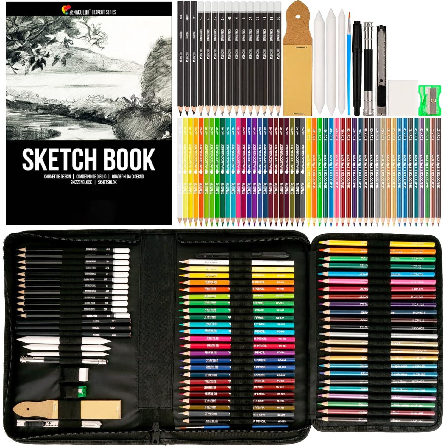 Kit de Dibujo Zenacolor 74 Piezas con Lápices y Cuaderno A5