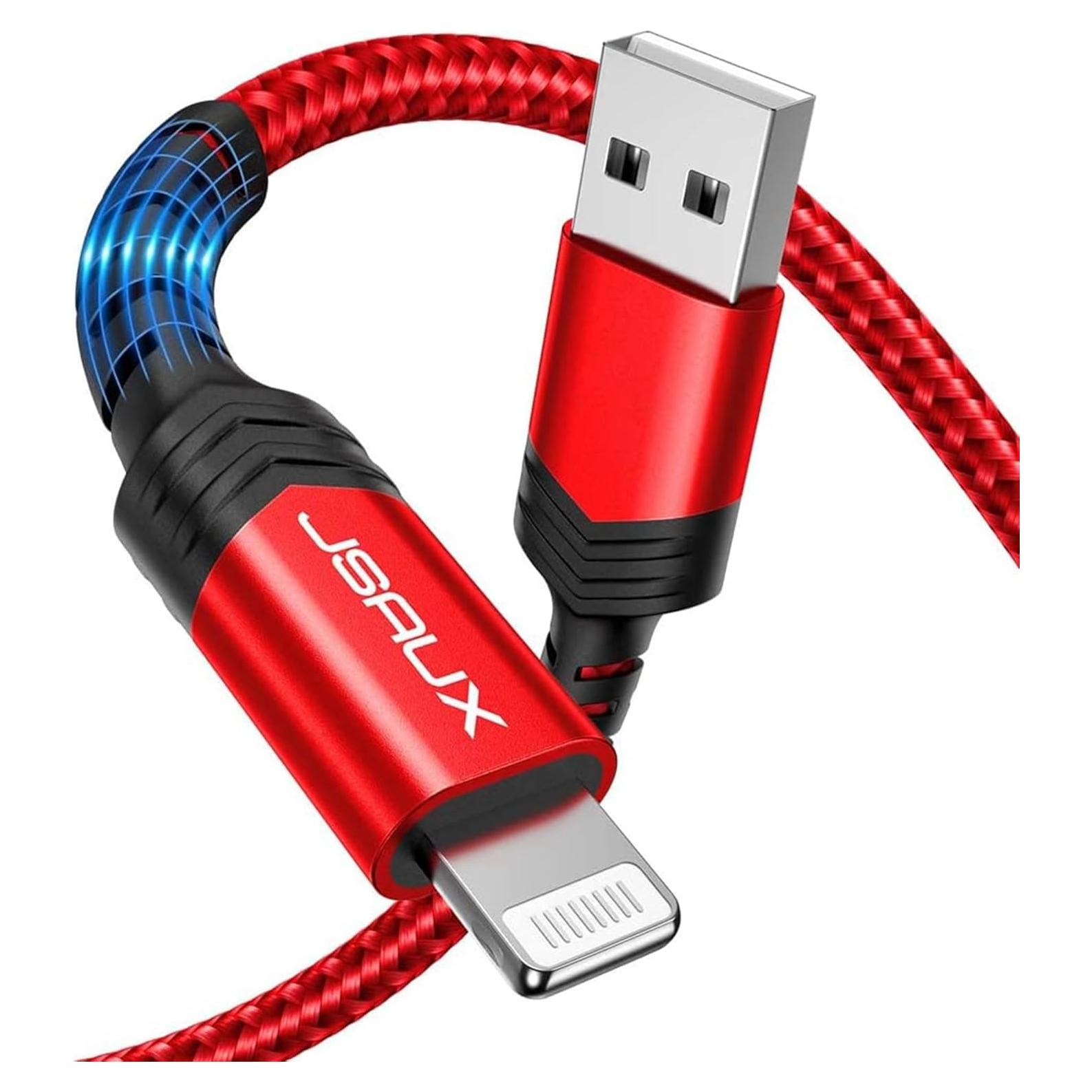 Cable Lightning JSAUX 6ft MFi Nylon Trenzado Rojo Carga Rápida