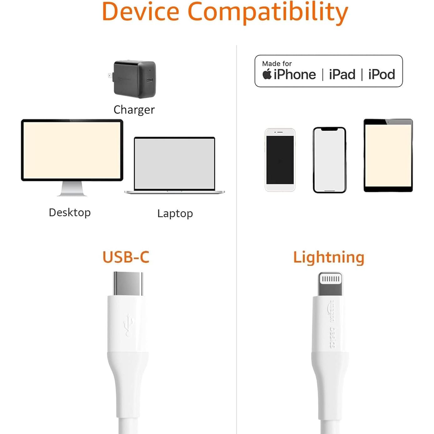 Cable de carga rápida USB-C a Lightning Amazon Basics 3m blanco