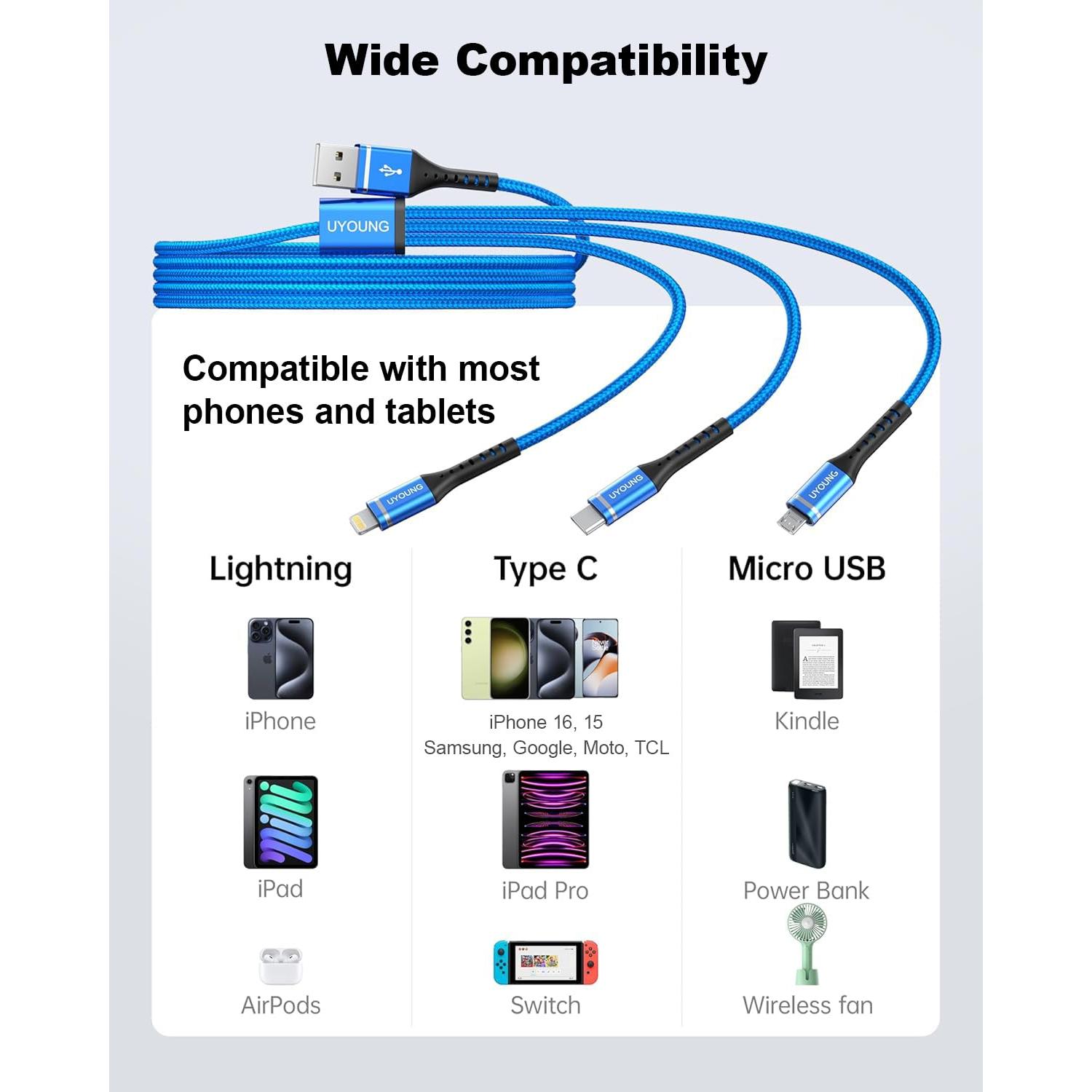 Cable de Carga Múltiple 3 en 1 UYOUNG 6FT (1.83m) Azul
