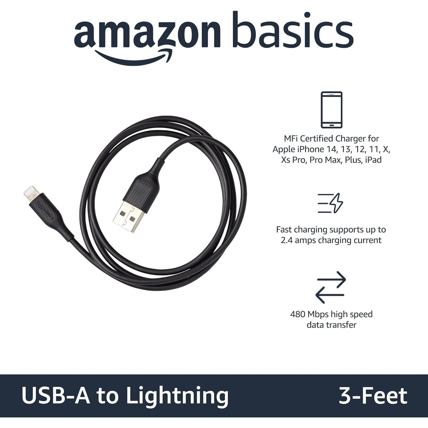 Paquete de 2 Cables USB-A a Lightning Amazon Basics 0.91m Negro