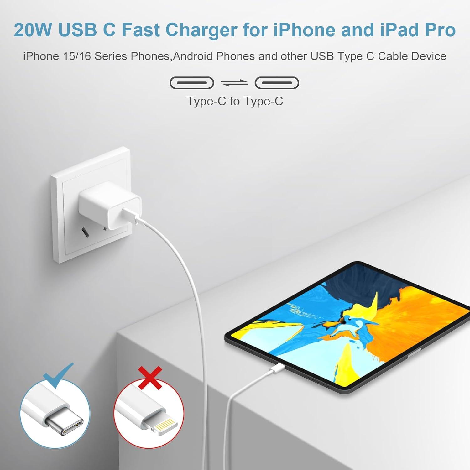 Cargador Rápido USB-C 20W para iPhone 16 y 15 - 2 Cables 6FT