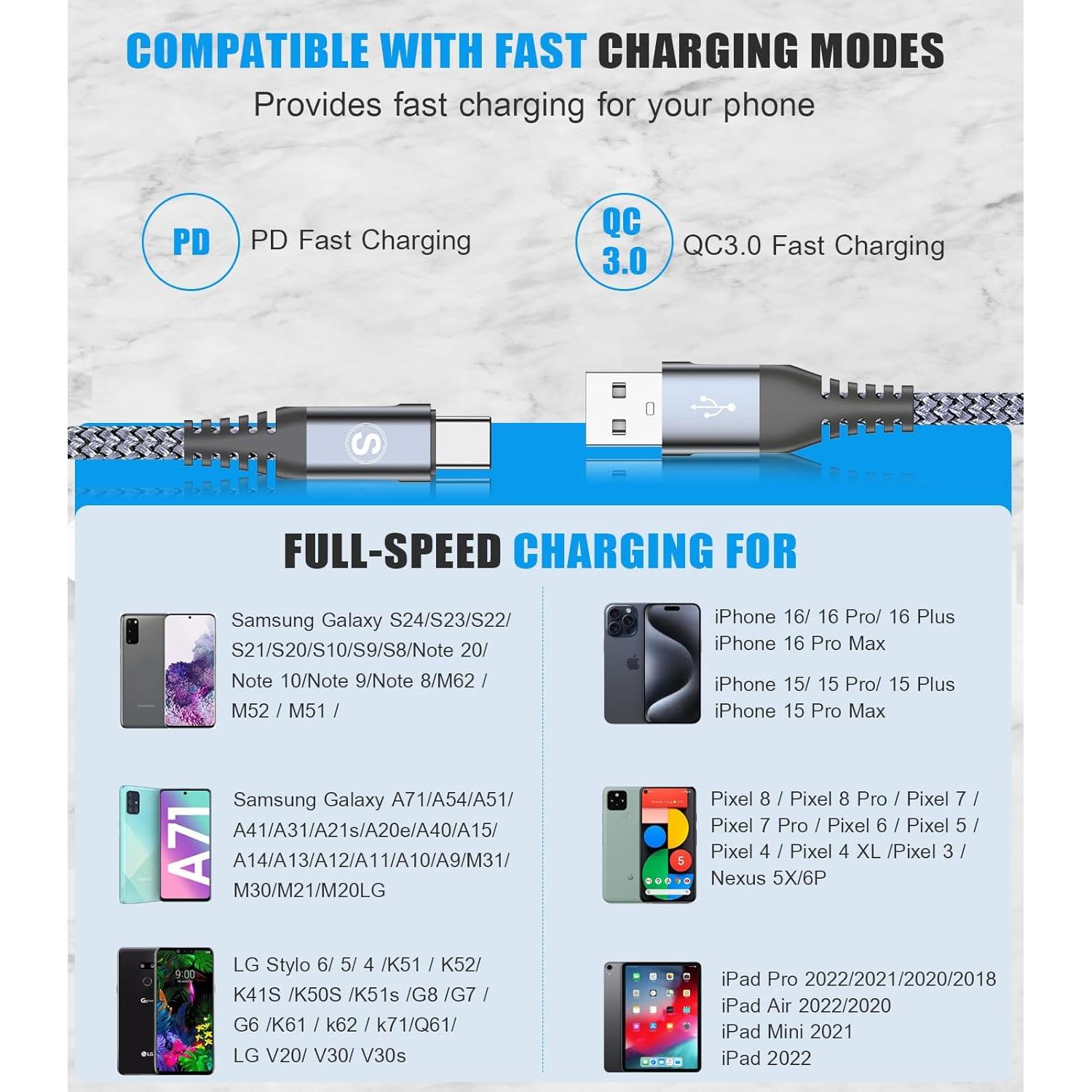 Cable de Carga USB Tipo C Sweguard 3-Pack 3.05m 2.01m 1.00m