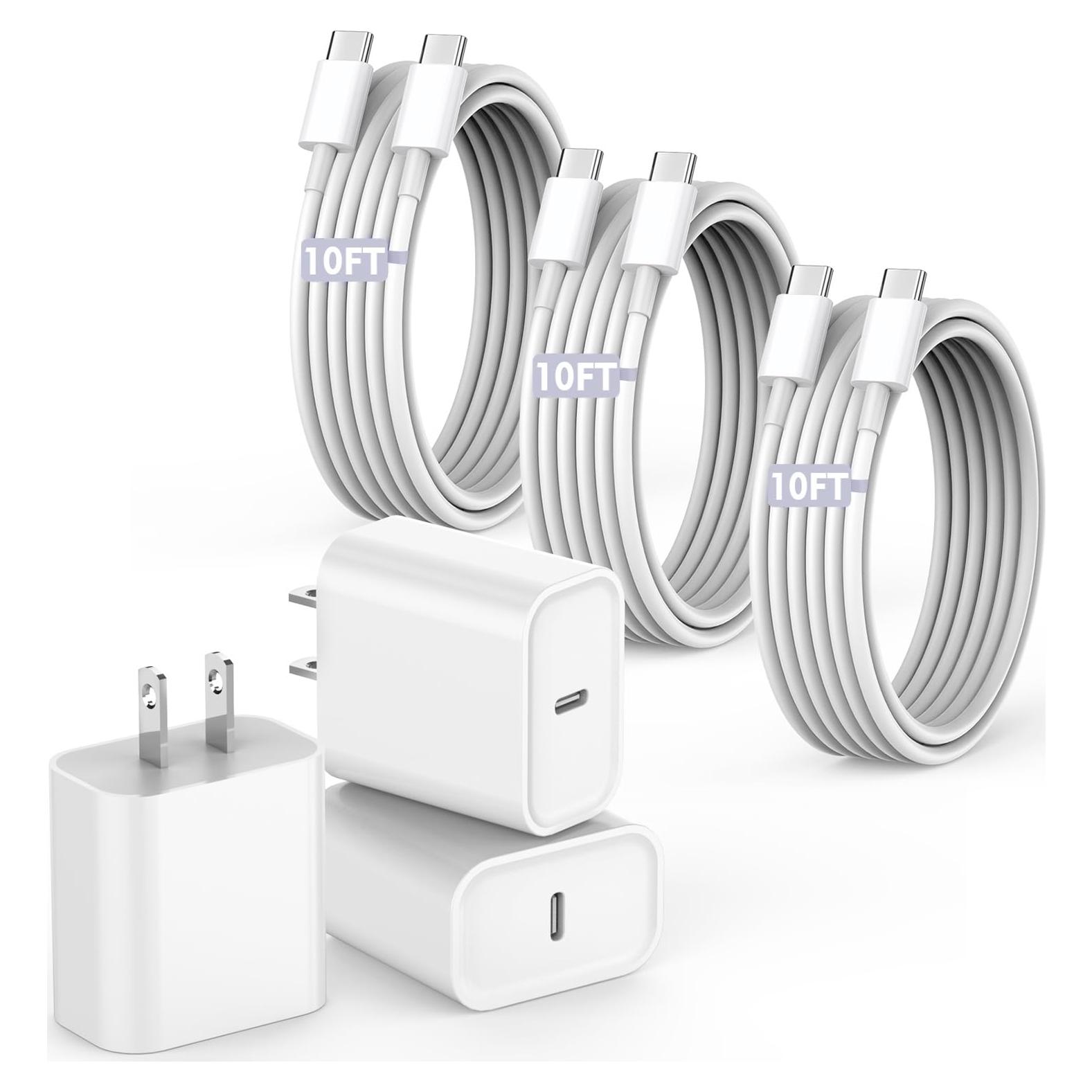 Cargador Rápido USB C 20W + 3 Cables 10 pies para iPhone 16 15