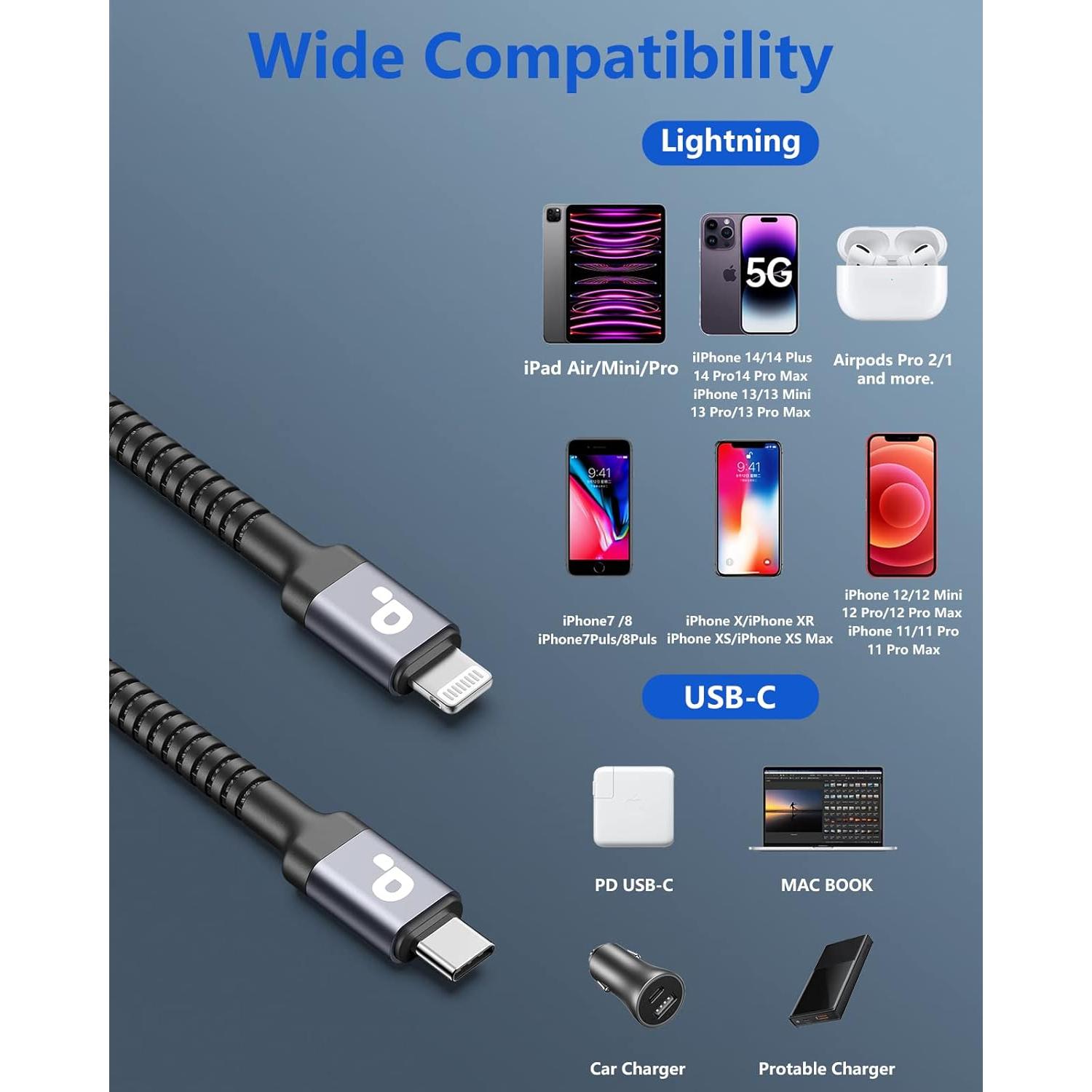Cable USB C a Lightning 1.83M 2Pack PRAKIE Carga Rápida MFi