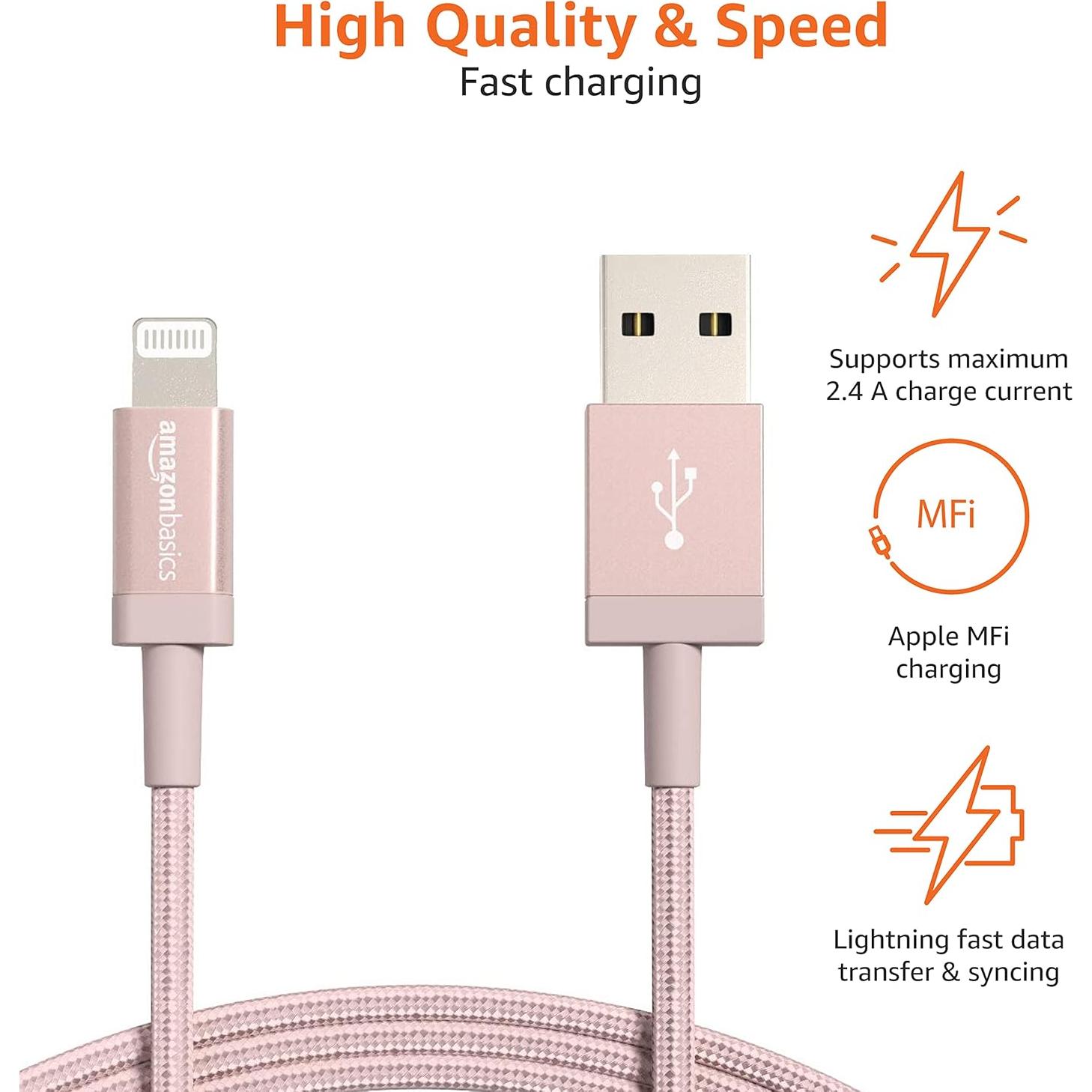 Cable USB-C a Lightning Amazon Basics 1.83m Trenzado Oro Rosa