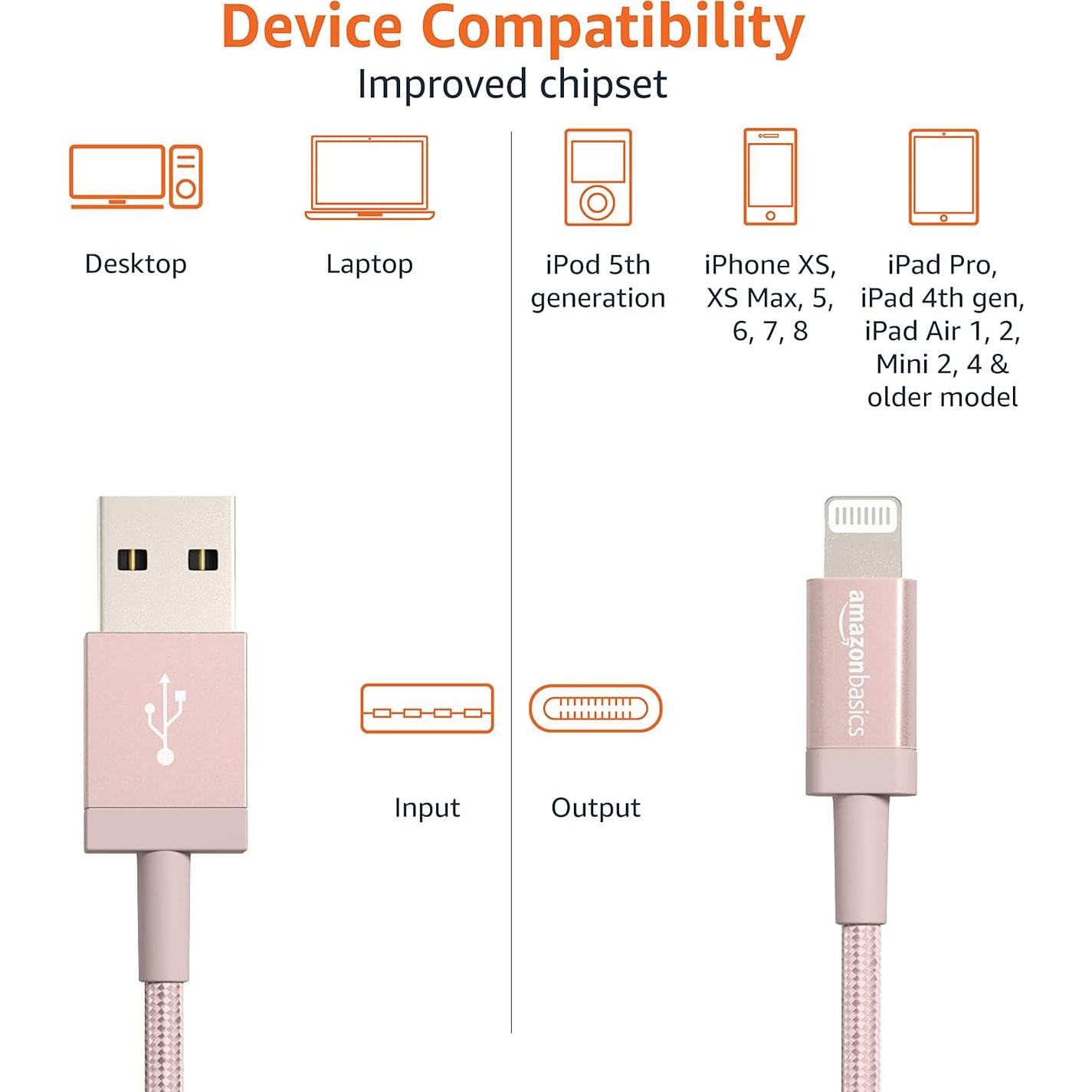 Cable USB-C a Lightning Amazon Basics 1.83m Trenzado Oro Rosa