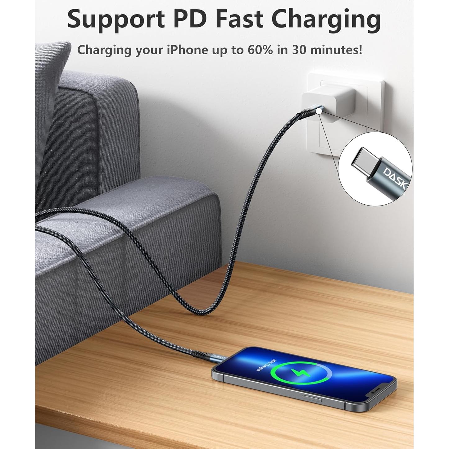 Cable USB C a Lightning Dasku 1.83m Cargador Rápido MFi