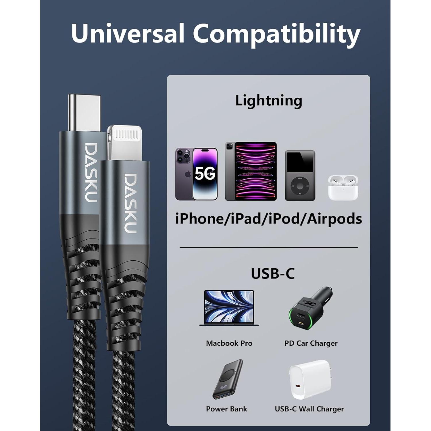 Cable USB C a Lightning Dasku 1.83m Cargador Rápido MFi