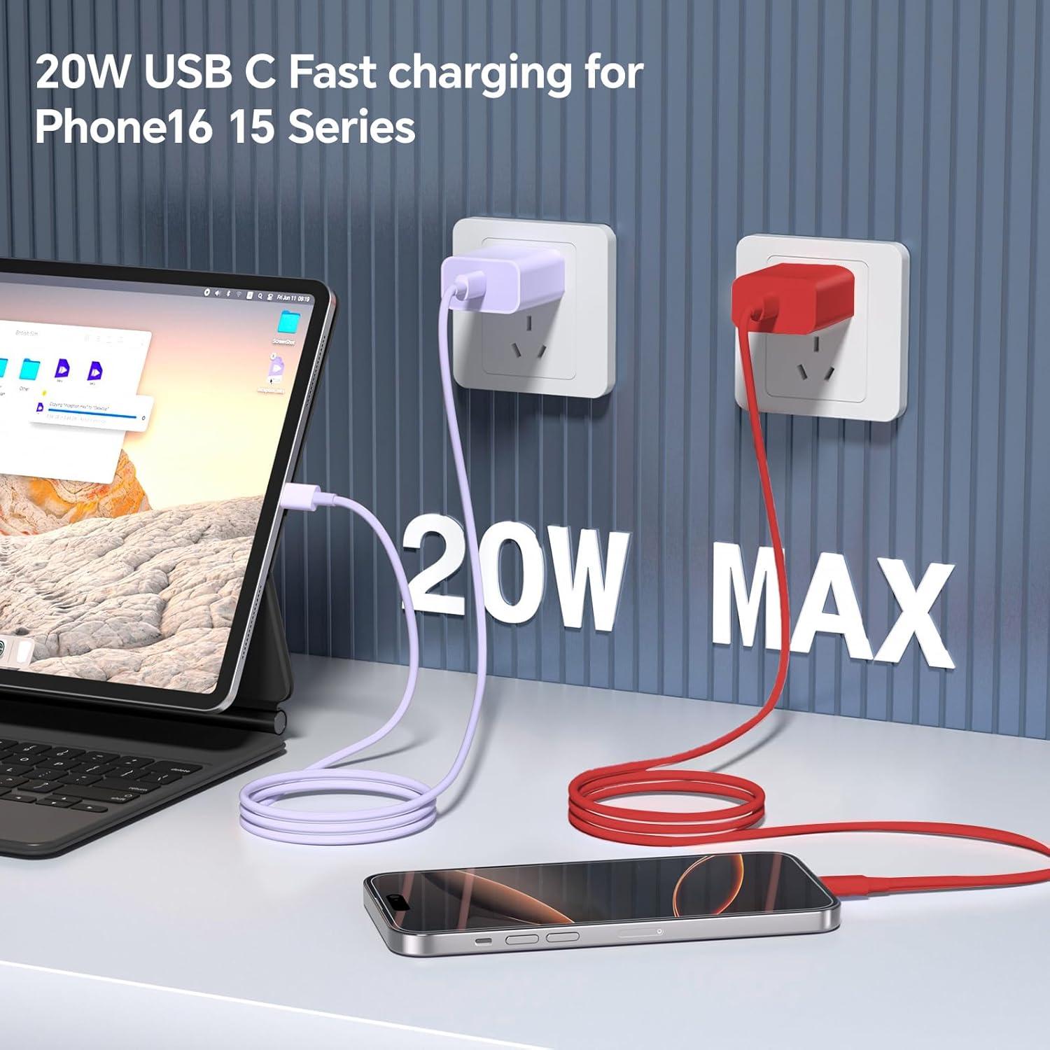 Cable de Carga Rápida USB C 60W 10FT 3Pack para iPhone 16/15